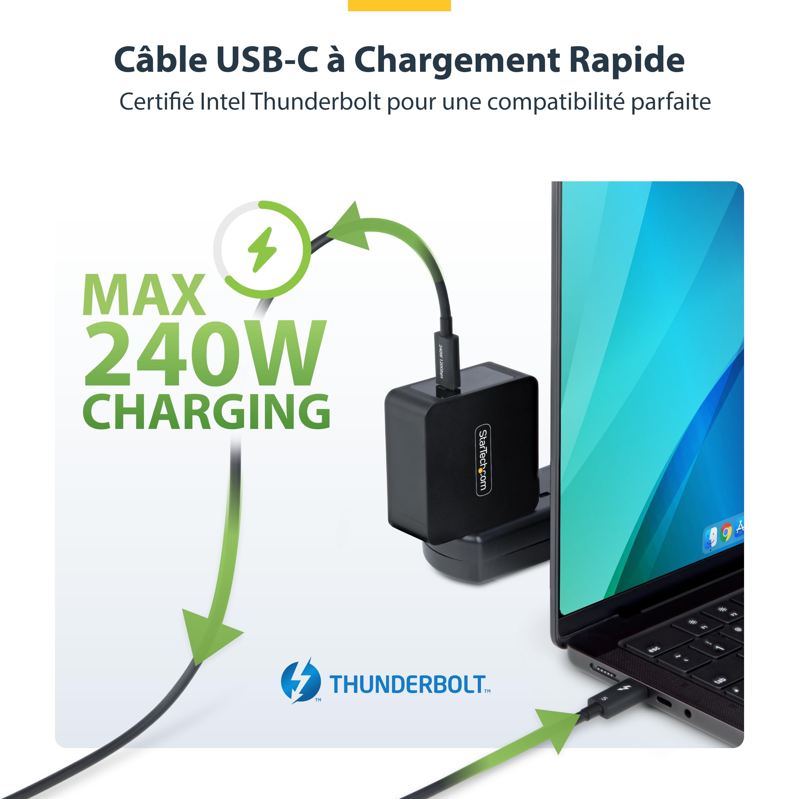 StarTech Câble Thunderbolt 5 50cm USB-C 80Gbps 240W PD 8K 60Hz Certifié | Jusqu'à 120Gbps, Compatible TB4/USB4/USB-C, DP 2.1 Alt Mode, PCIe 4.0, Double 4K 240Hz