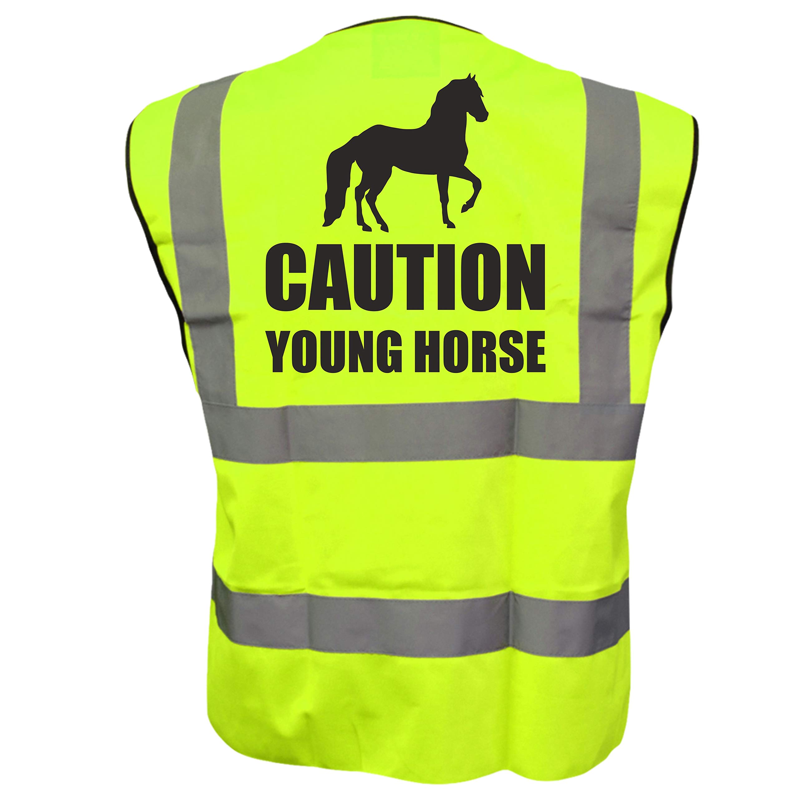 Equestrian CAUTION YOUNG HORSE Hi Viz Vis Vest Horse Riding Reflective Waistcoat Jacket Road Safety Visibility Yellow Medium