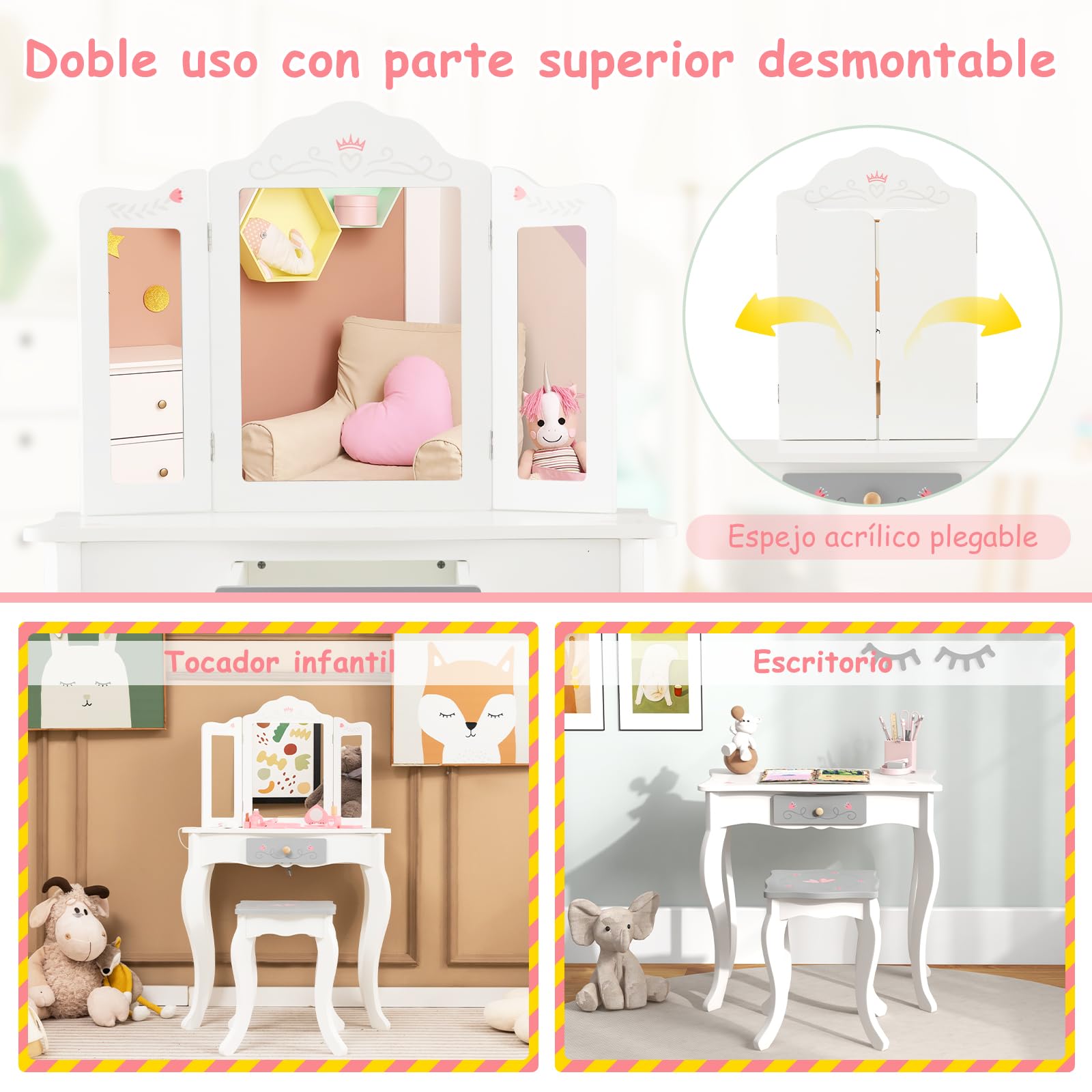 GOPLUS Tocador Niña 2 en 1 con 10 Accesorios Maquillajes, Juego de Tocador Infantil Princesa de Madera con Taburete y 3 Espejo Extraíble, para Niños de 3+ Años, 60 x 33 x 98,5 cm, Blanco