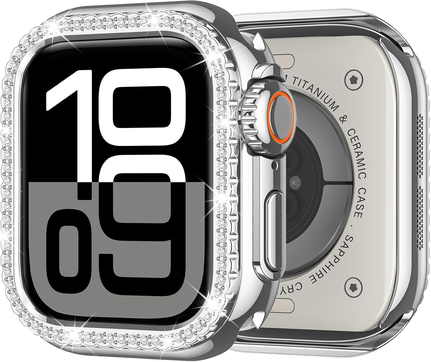 Metal Case Compatible with Apple Watch Series 11/10 46mm for Women, Bling Diamond Frame Bumper with Back Cover Protective Cover for iWatch 46mm, Silver