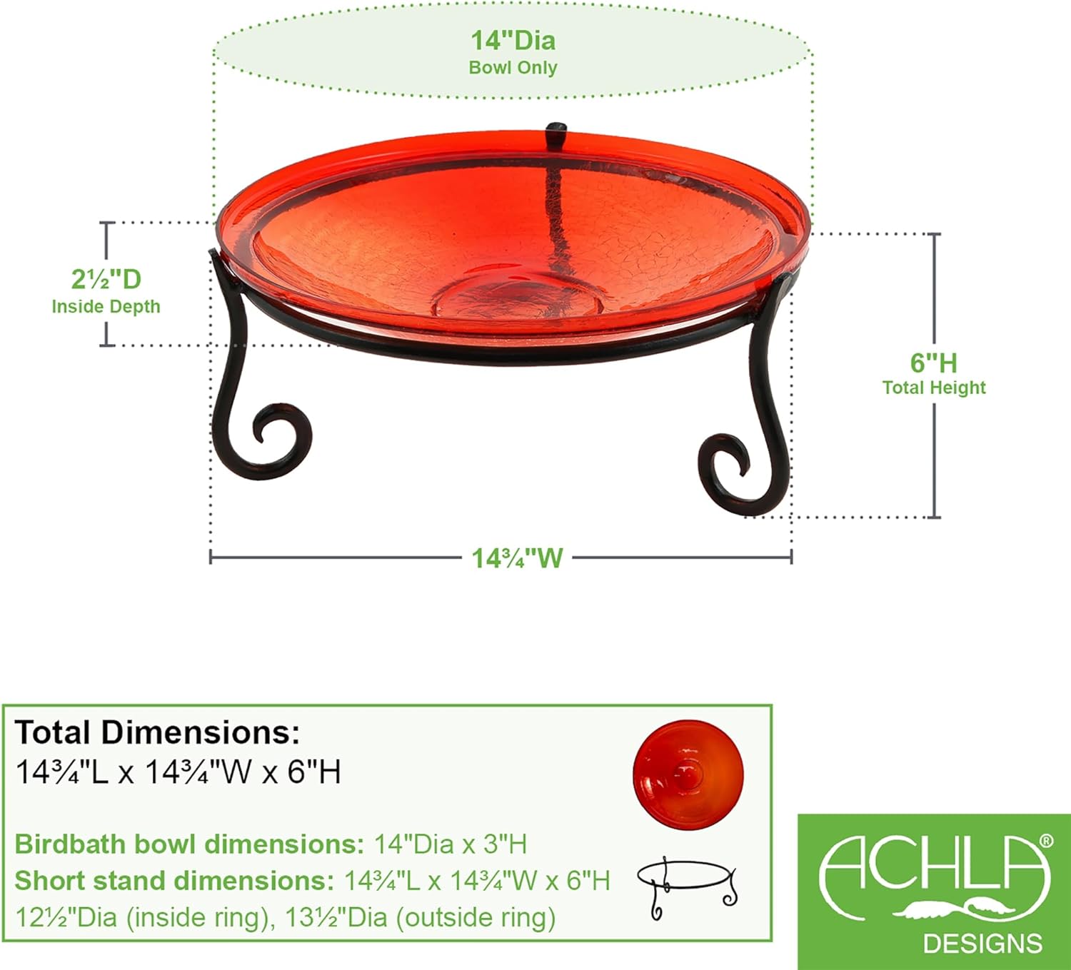 14" Red Crackle Birdbath- Short Stand II