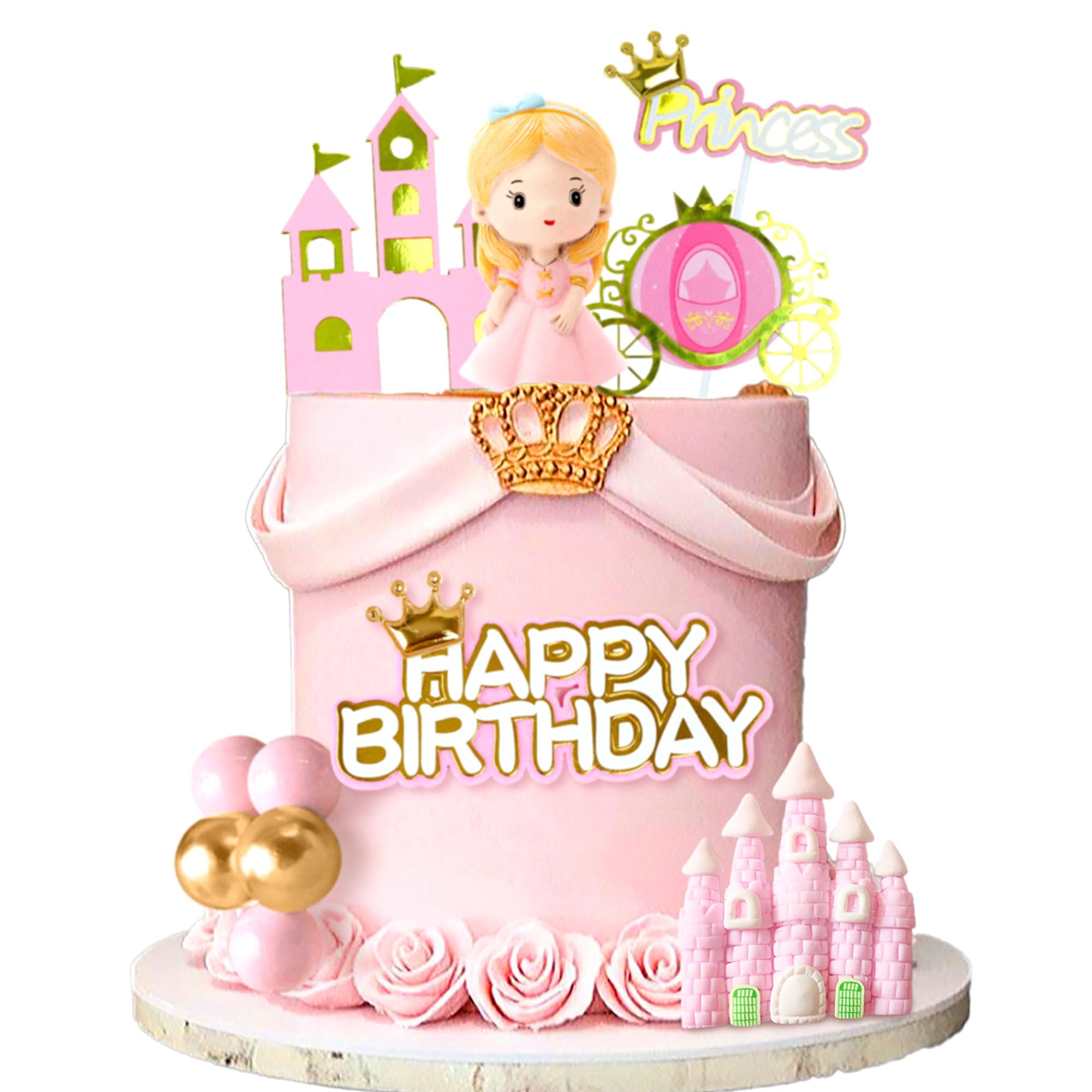 BACH AND BOOZY Pink Princess Cake Decorations - Princess Cake Topper Set with 16 Pieces for Girls Birthday Party Supplies & Favors