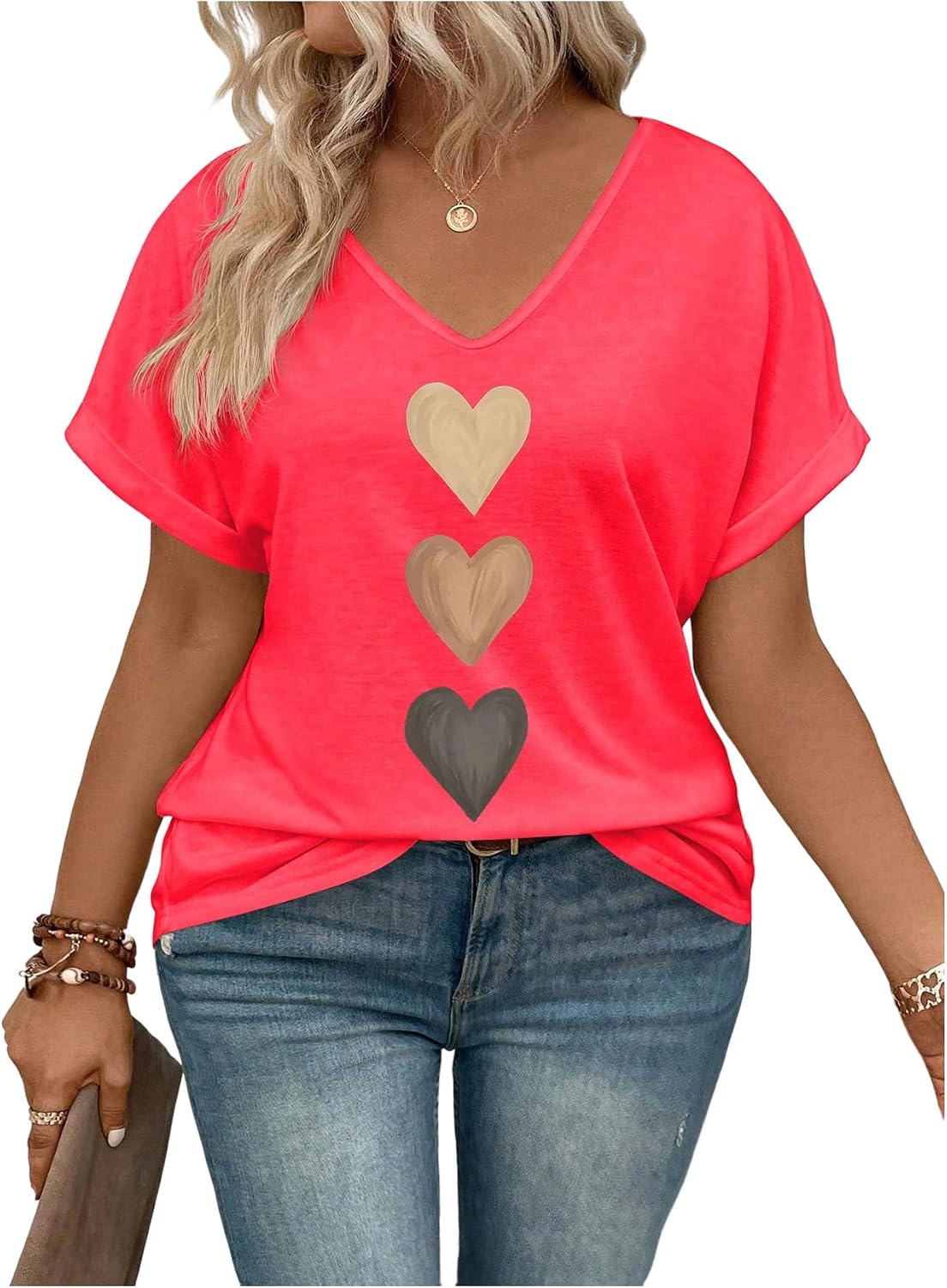 SOLY HUX Women's Plus Size Short Sleeve T Shirts V Neck Heart Graphic Summer Tee Tops