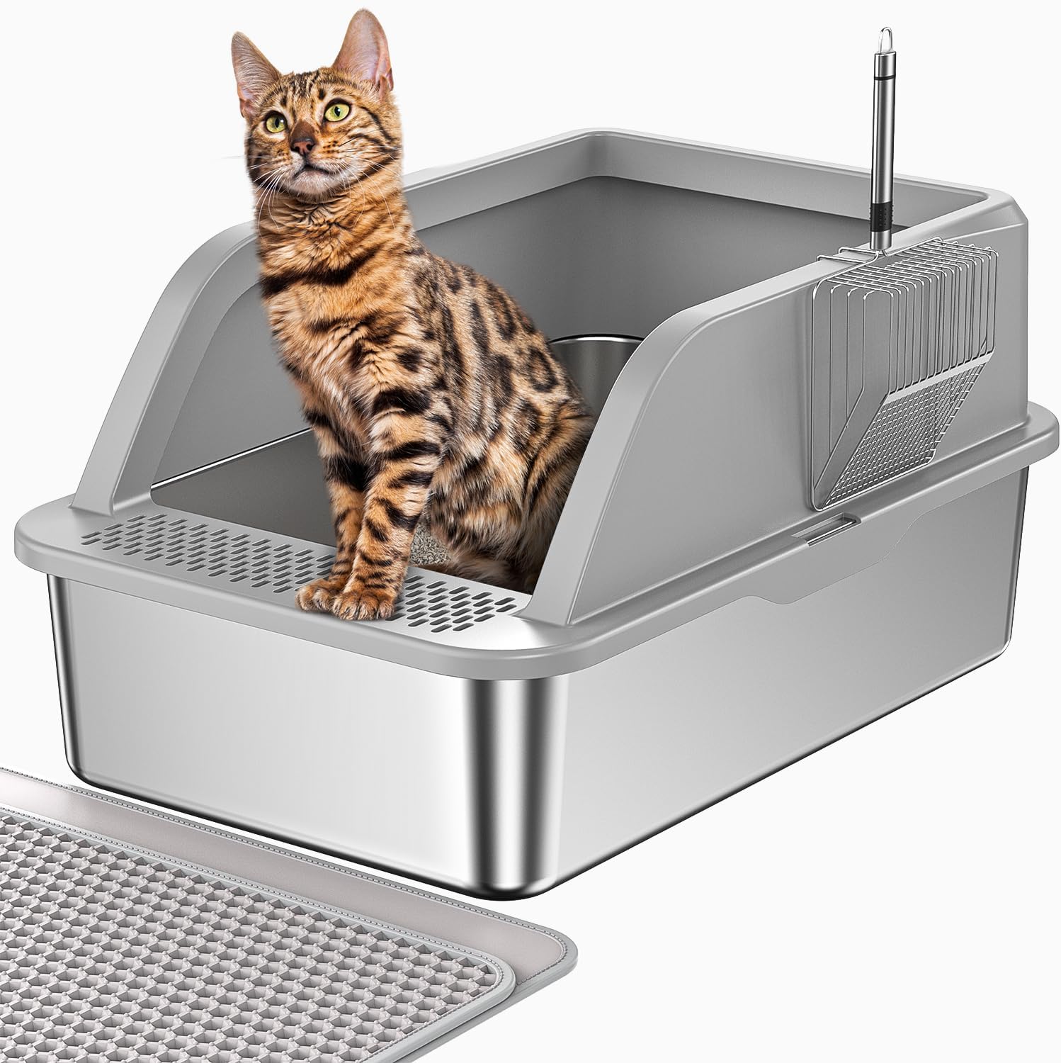 XL Stainless Steel Litter Box, Extra Large Metal Cat Litter Box with High Sided for Big Cats, Enclosed Litter Boxed with Lid, Easy-Clean Cat Litter Mat & Scoop Kit, Anti-Urine Leakage (Grey)