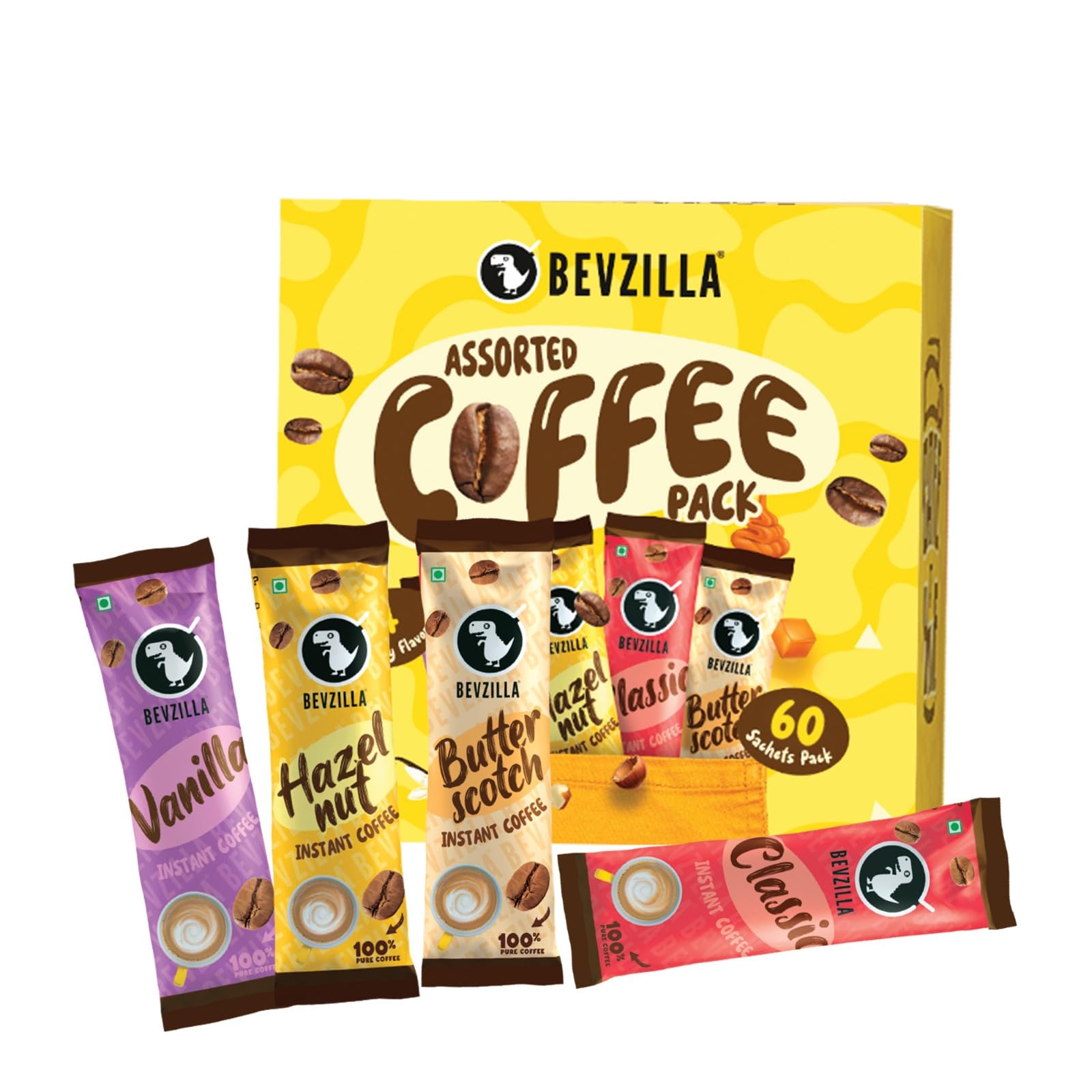 Bevzilla 60 Instant Coffee Powder Sachets (4 Flavours) – 120 Grams | Hazelnut, Classic, Vanilla & Butterscotch | 15 Pouches Each Flavour | Arabica Coffee | Perfect for Espresso, Latte, Cappuccino |