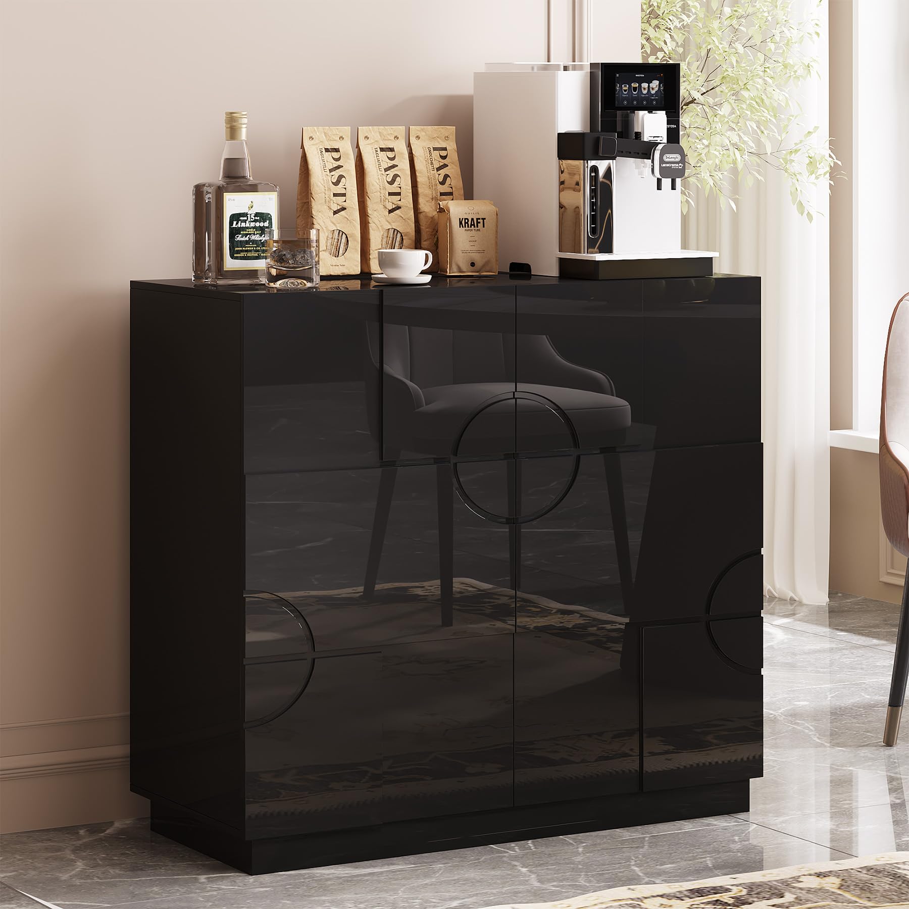 LVSOMT Moderne Sideboard Wohnzimmer, 85cm Hoch Buffetschrank Holz | Kommode mit 2 Türen,Verstellbares Regal,Geometrisches Musterdesign,Schrank Für Esszimmer Schlafzimmer Flur, Schwarz Hochglanz