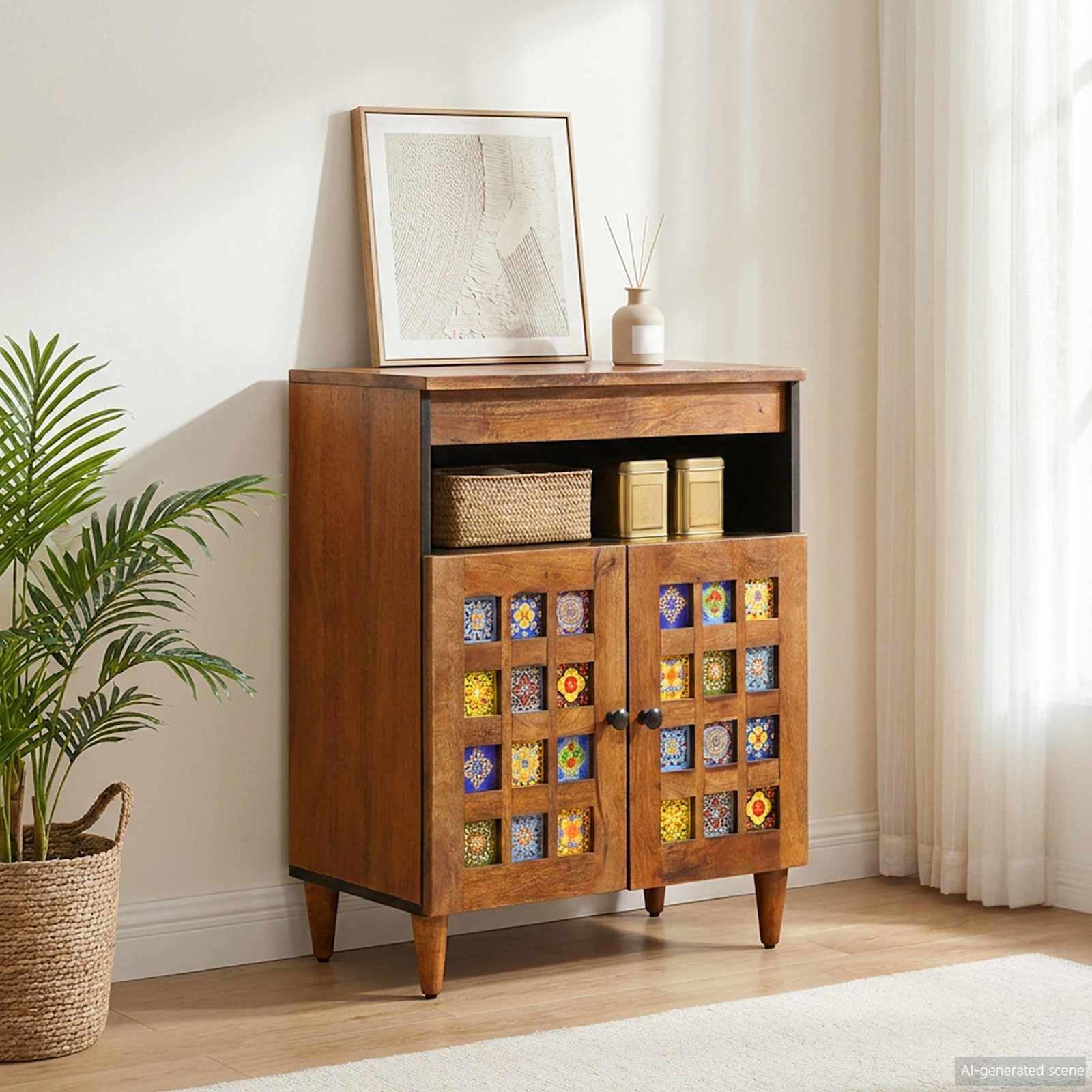 Credenza con vano portaoggetti, in noce, 60 x 33 x 75 cm, in legno massello di mango, cassettiera bassa, cassettiera per soggiorno, spazio per riporre oggetti, scaffale per Hi-Fi, DVD, CD