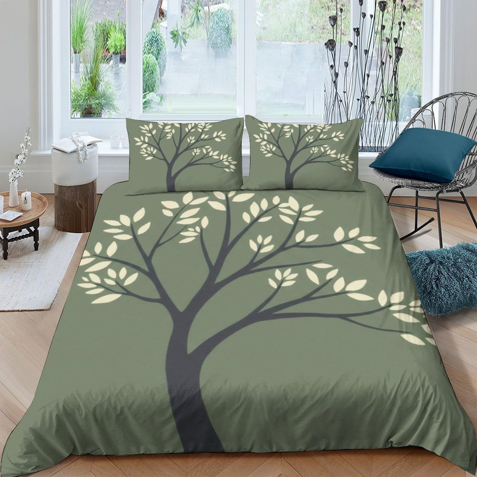 Ctjqhvkz Style-3 3D Printed Tree Branch Fitted Sheet Microfiber Olive Green Leaf Mattress Cover For Bedroom Guest Room Decor Protection Single（135X200cm）