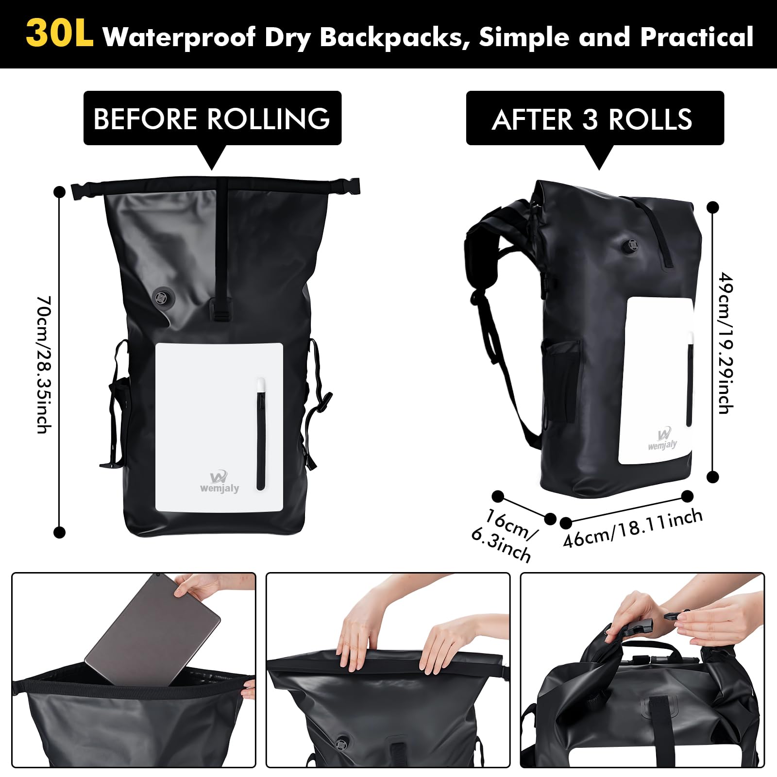 Wasserdichter Rucksack - 30L Rolltop Rucksack mit Laptopfach Reißverschluss Tasche und IPX8 Handyhülle, Dry Bag Rucksack für Kajak, Angeln, Rafting, Radfahren, Täglichen Gebrauch