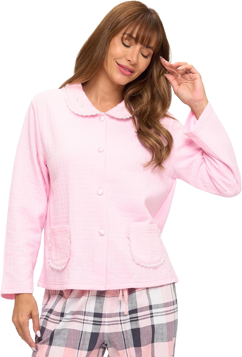 Casual Nights Women's Soft Bed Jacket, Button Front Long Sleeve Sleep Top with Pockets - Image 2