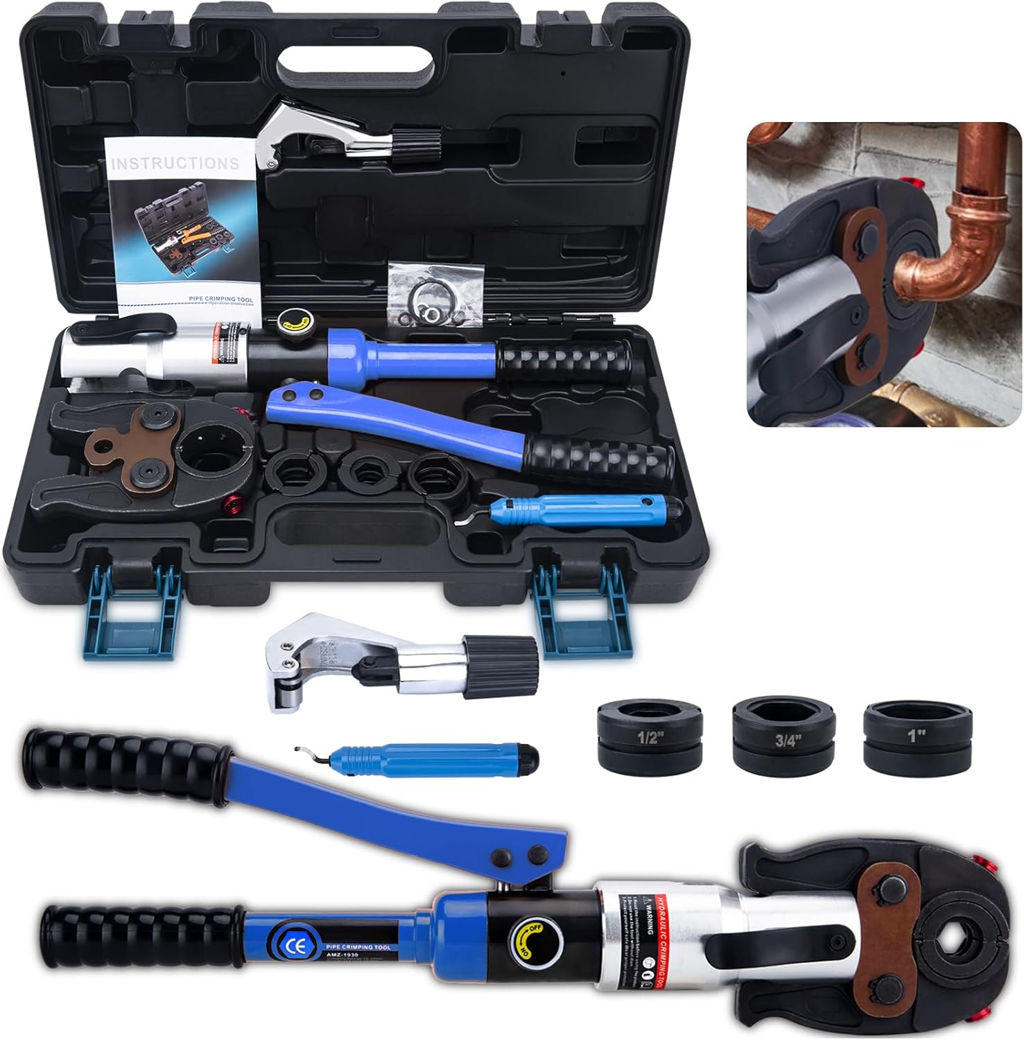 Copper Pipe Crimping Tool, Copper Tube Fittings Crimping Tool W/ 1/2", 3/4", 1" Jaws, Copper