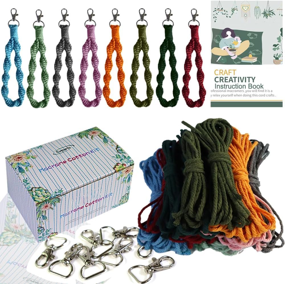 suo long Macrame Kit for Beginners – DIY Keychain Making Set, Make 8 Macrame Keyrings with Pre-Cut 3mm Cotton Cord, Metal Keyrings, Instruction Book & Online Tutorials – Craft Kit for Adults