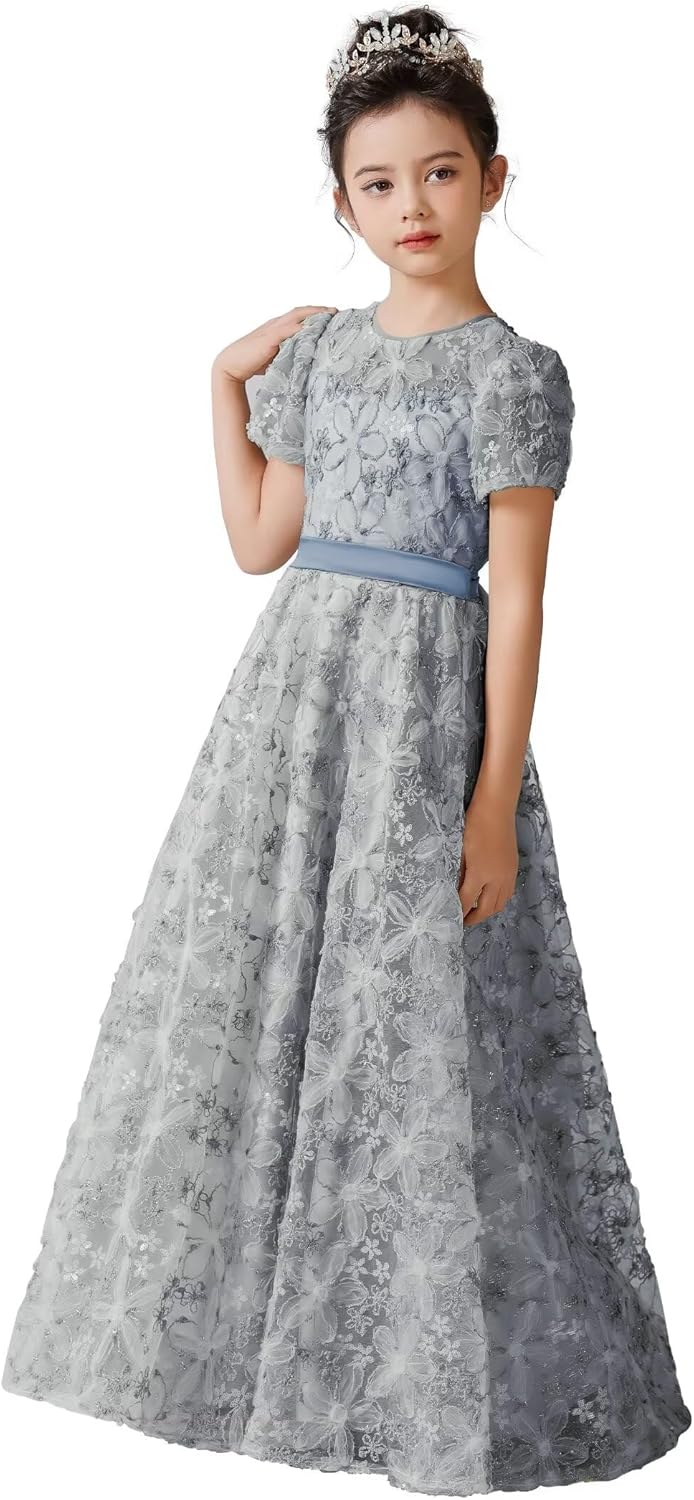 dideyttawl Flower Girls Dress A-Line Floral Junior Bridesmaid 3D Embroidery Lace Appliqued Dress 754
