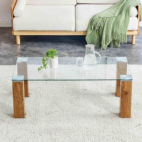 Elegante mesa de centro de cristal con patas de MDF, mesa de cóctel contemporánea para sala de estar, 44.9 x 21.7 x 16.9 pulgadas de alto, fácil