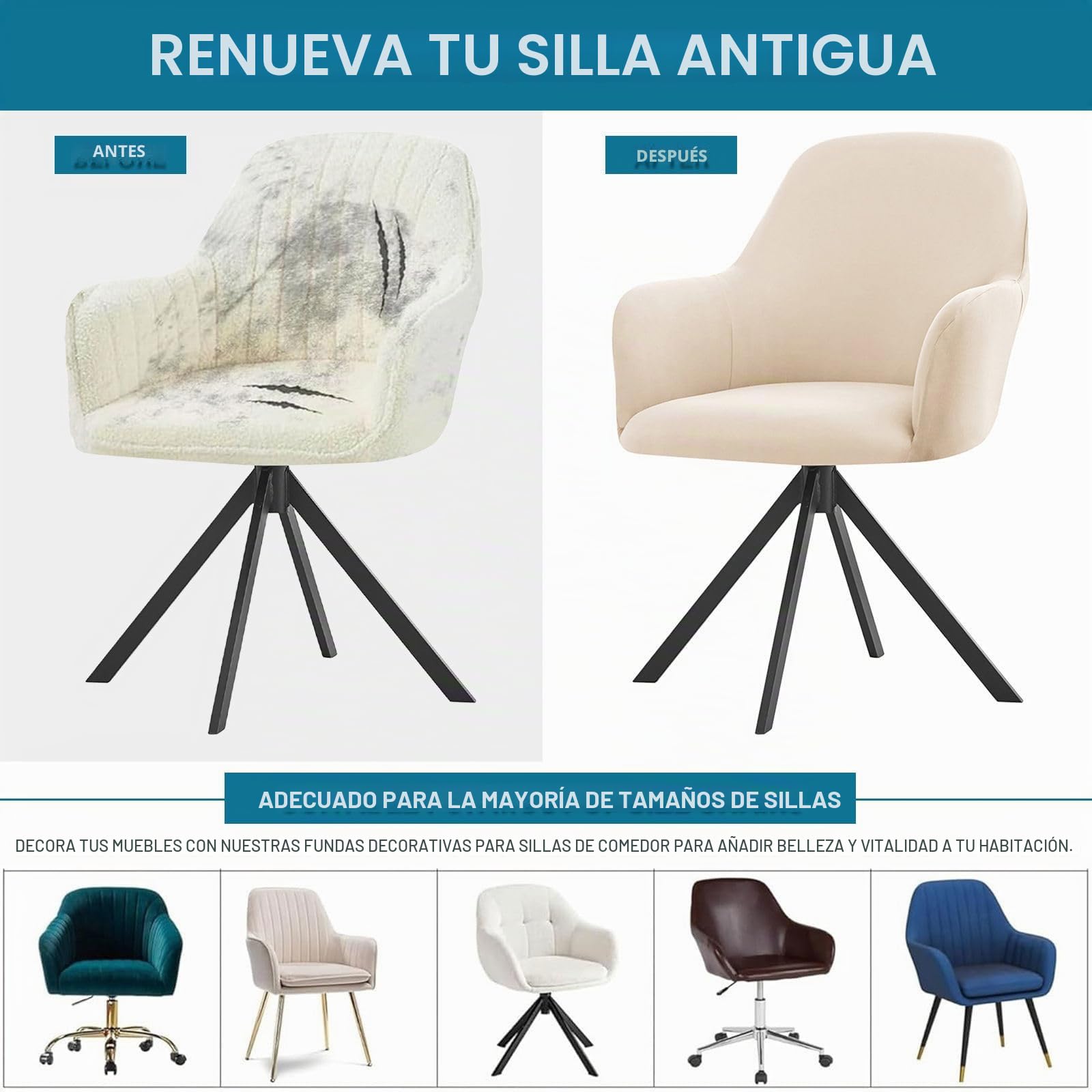 Fundas para Sillas De Comedor con Brazos, Impermeable Comedor Sillas Cubiertas con Brazos Respaldo Elástica Giratoria Brazos Respaldo Cubiertas Sillas Estilo Nórdico-Blanco Crema-Pack de 6