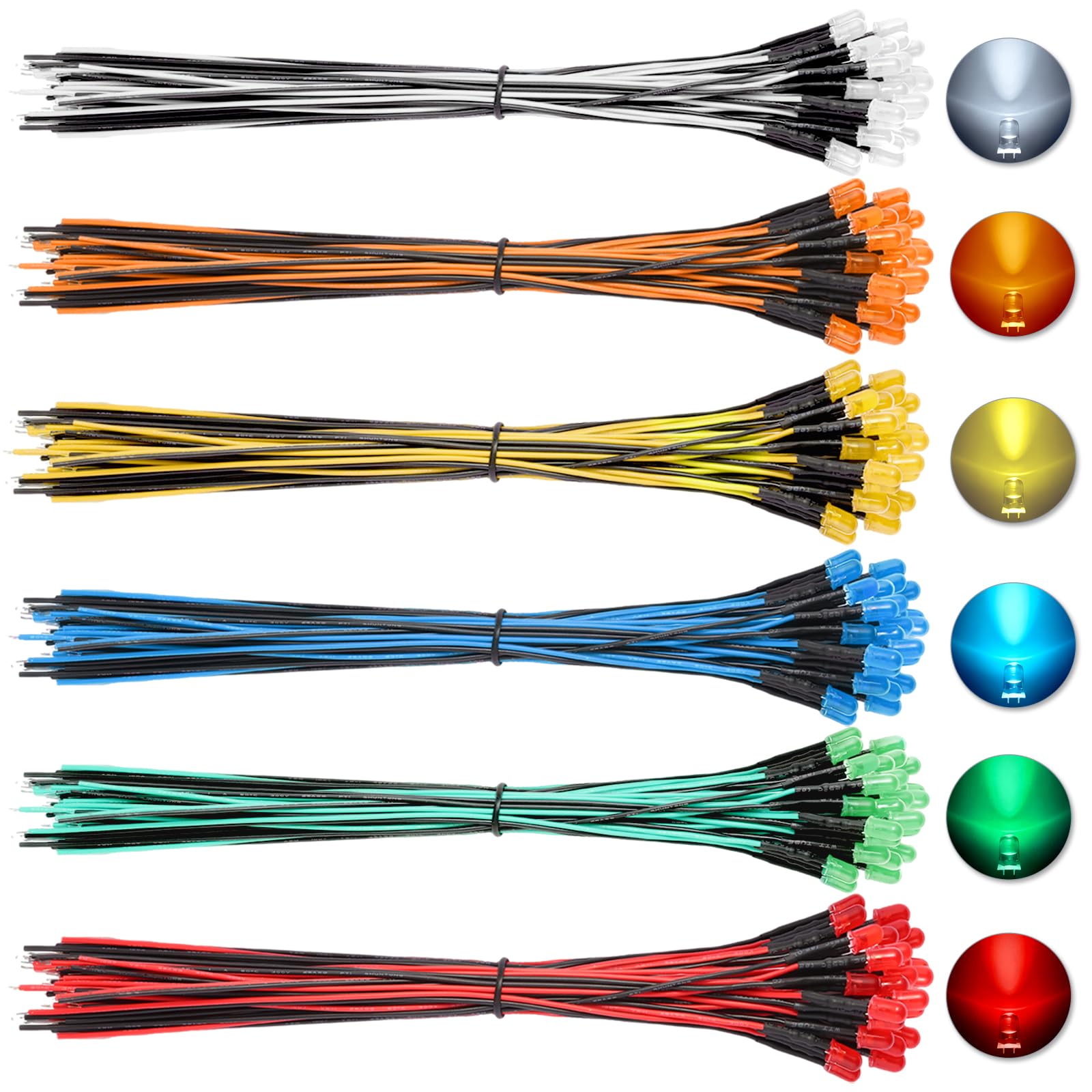 120 diodi LED pre-cablati da 5 mm (6 colori × 20 pezzi), 12 V, indicatori LED con fili abbinati da 20 cm, custodia in plastica per illuminazione fai da te, esperimenti di circuito, progetti hobby