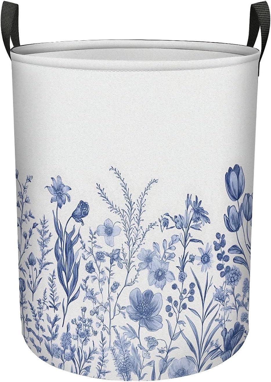 Blue White Wildflower Laundry Basket, Large Foldable Clothes Bag Collapsible Storage Bin Basket For Nursery,Office,Toy Organizer,Home,Decor - 19.7 Inch X 15.7 Inch