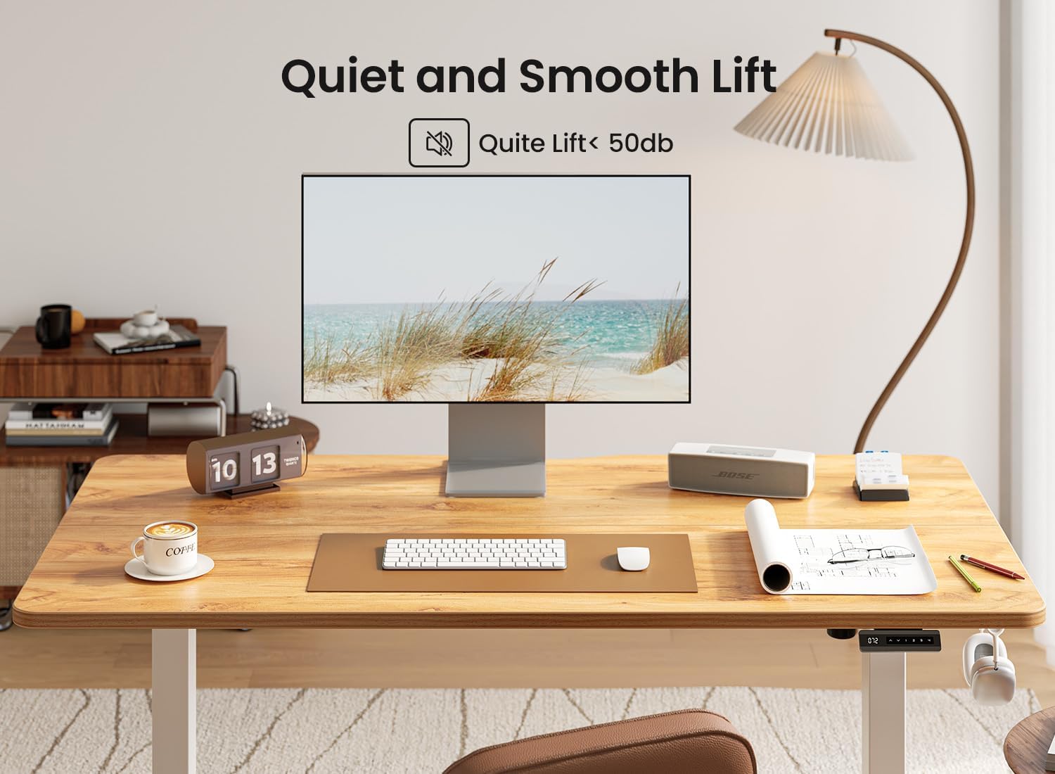 BANTI 48 × 24 Inches Standing Desk, Ergonomic, Electric Height Adjustable, Sit and Stand Up, Computer Office Desk with Splice Board, White Frame/Light Rustic Top - 8