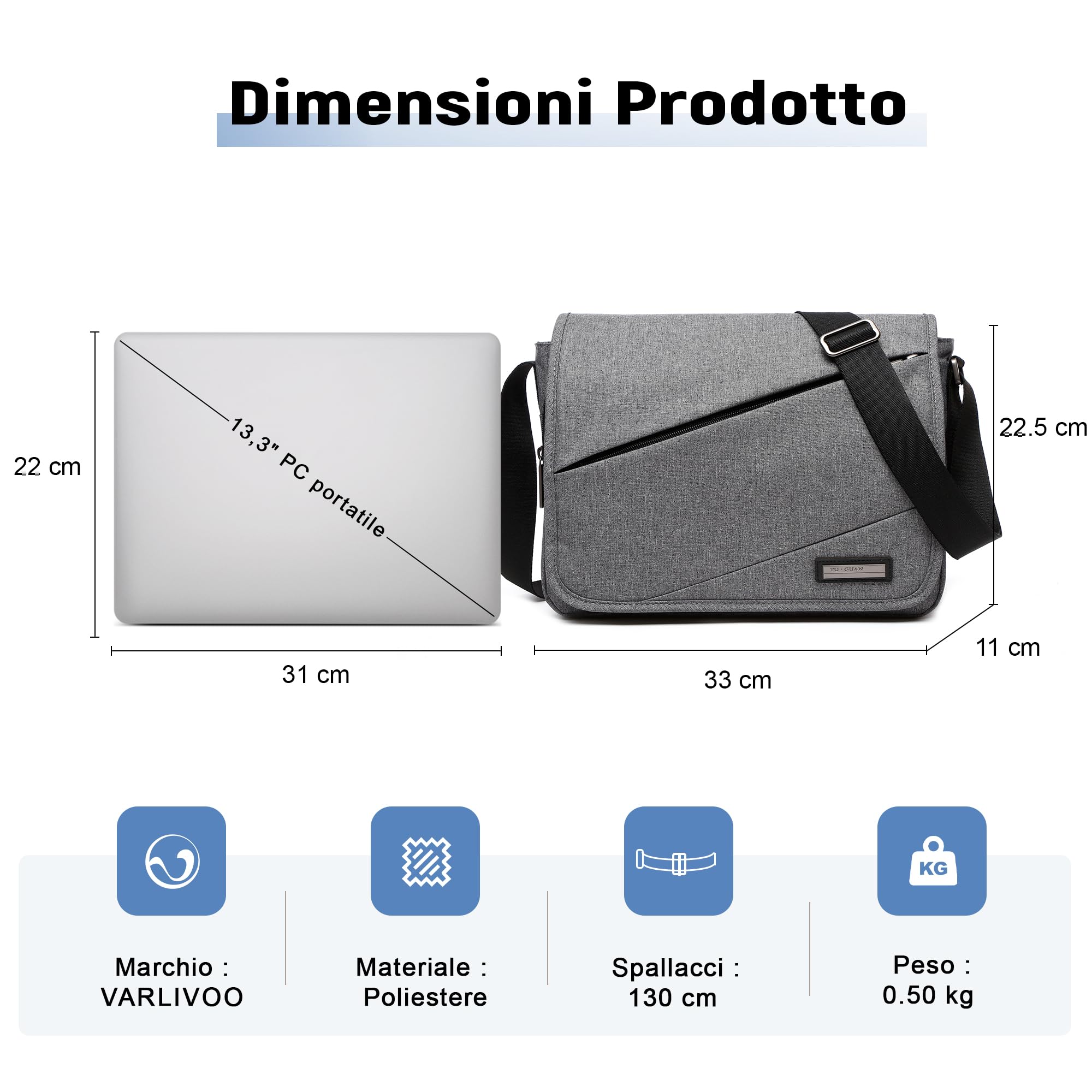VARLIVOO Moda Uomo Borse a Spalla Borsa a Tracolla da Uomo Messenger Borse 13" Pollici Laptop Borse Scuola Università Viaggio Lavoro Campeggio Poliestere Grigio