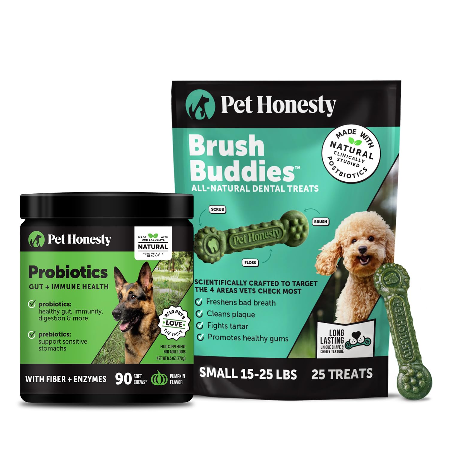 Pet Honesty Dog Wellness Virtual Bundle – Probiotics Supplement (Pumpkin, 90 Ct) + Brush Buddies Dental Sticks for Small Dogs (25 Ct) – Digestive & Dental Support