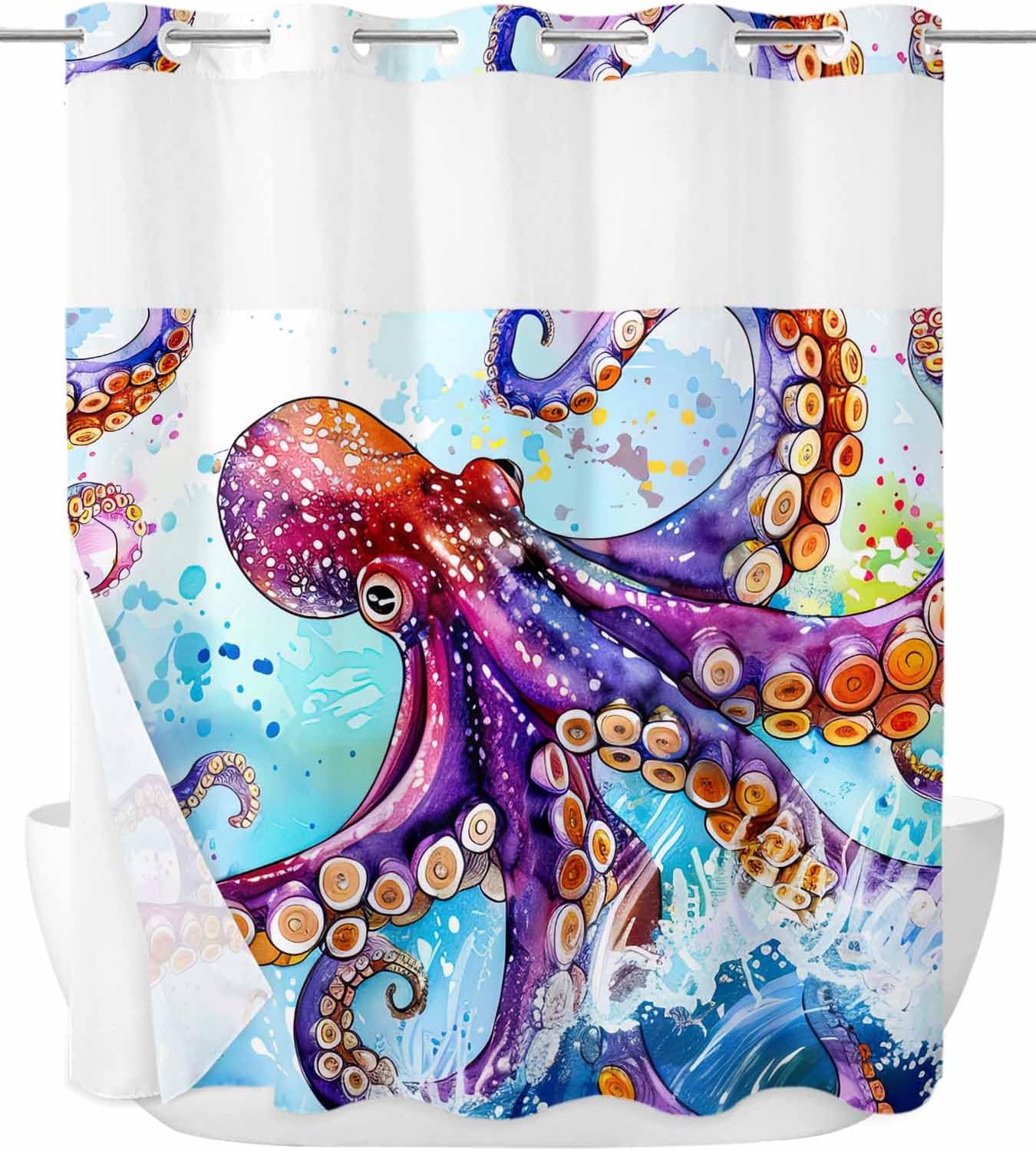 No Hook Shower Curtain with Snap in Liner Octopus Tentacles Shower Curtain Sets Sea Ocean Animal Underwater Marine Life Fabric Liner Set See Through Top Waterproof Curtains for Bathroom 72" W x 78" L