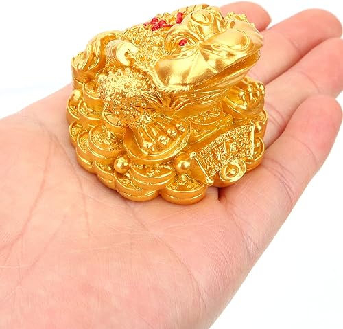Miniatura 9 de ULTECHNOVO Sapo de dinero dorado, estatua de sapo grande de dinero, Feng Shui, sapo de tres patas, estatua de rana de dinero, decoración de tablero