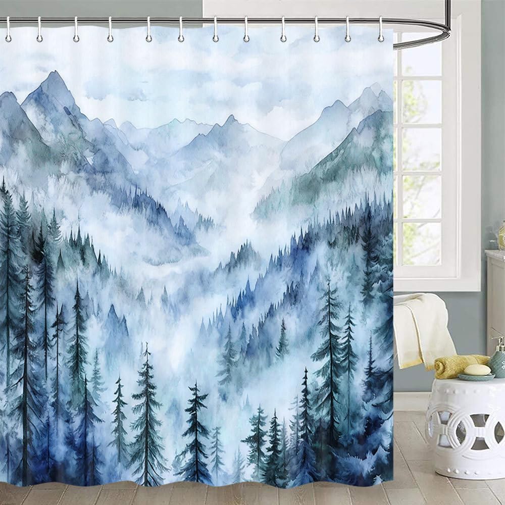 Green Misty Forest Shower Curtain Mountain Dark Green Nature Misty Pine Tree Shower Curtains for Bathroom Foggy Rustic Woodland Decorative Waterproof Fabric Bath Curtain Decor 72X75 Inches, Multi5