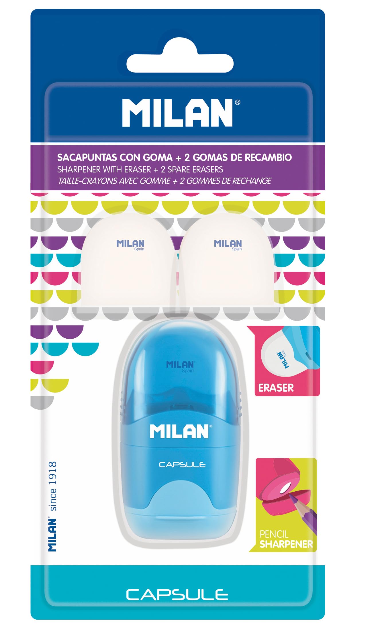 MILAN Blister Afilaborra Capsule + 2 Gomas De Recambio, Klein, Farbe sortiert