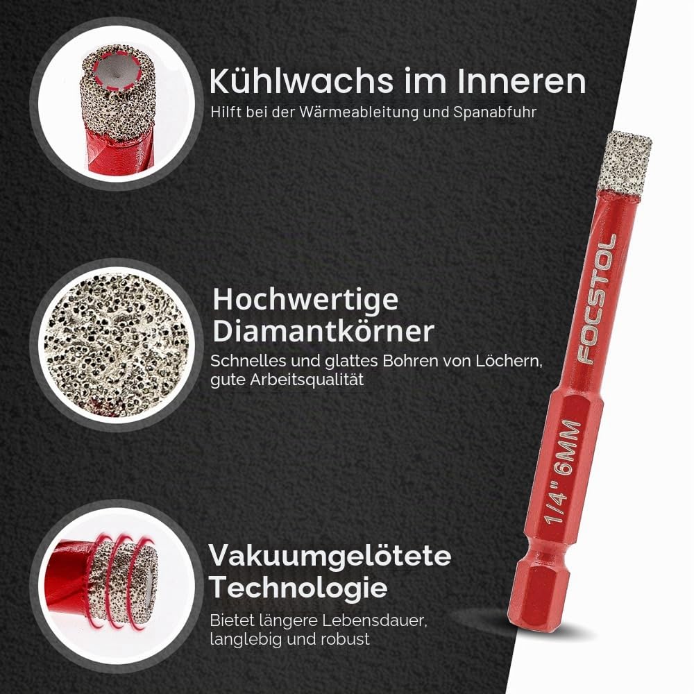 FOCSTOL Diamant Fliesenbohrer 6/8/10/12mm mit Schnellwechsel-Sechskantschaft und 6mm Hartmetallbohrer für Keramik Porzellan Fliese Marmor Granit Ziegel Packung mit 5