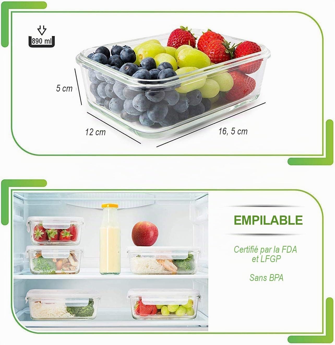 [5 Pièces] Hermetique Boite Alimentaire Verre avec Couvercles - Boite Conservation Verre sans BPA - Recipient en Verre (880 ml: 1-compartiment)