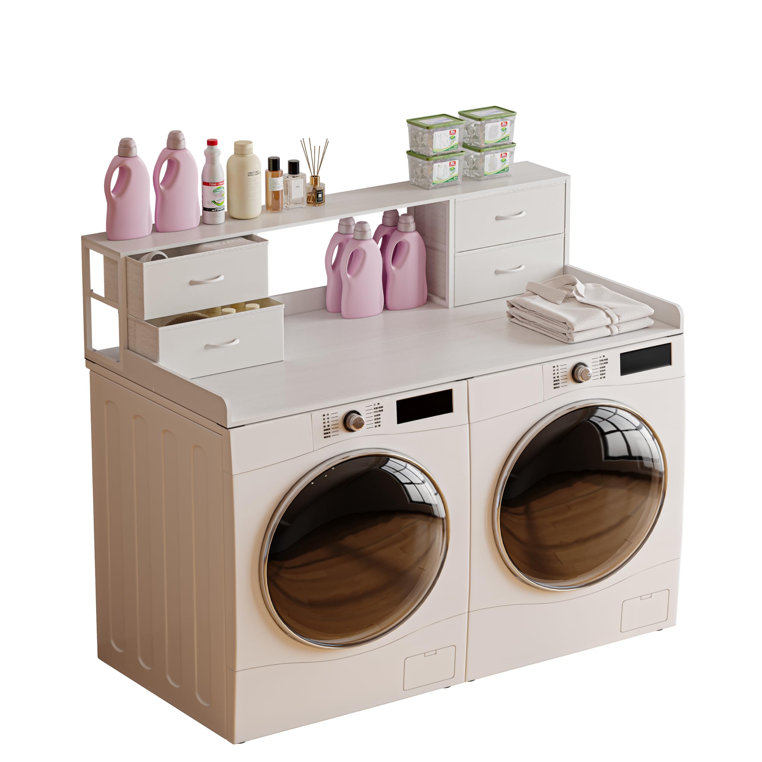 Unionly Washer and Dryer Countertop, 27.5“ D x 53.9“ W x 12.9“ H Solid Wood Washer and Dryer Countertop with Organizer Shelves with Four Drawers for