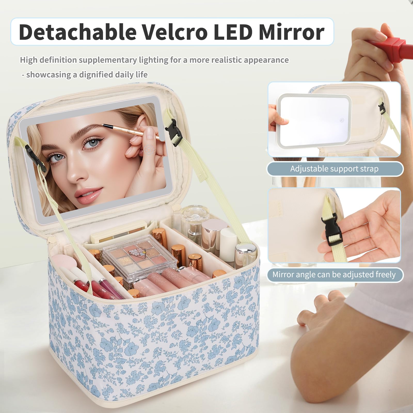 Makeup Bag with LED Mirror, 3-Color Light Travel Cosmetic Organizer