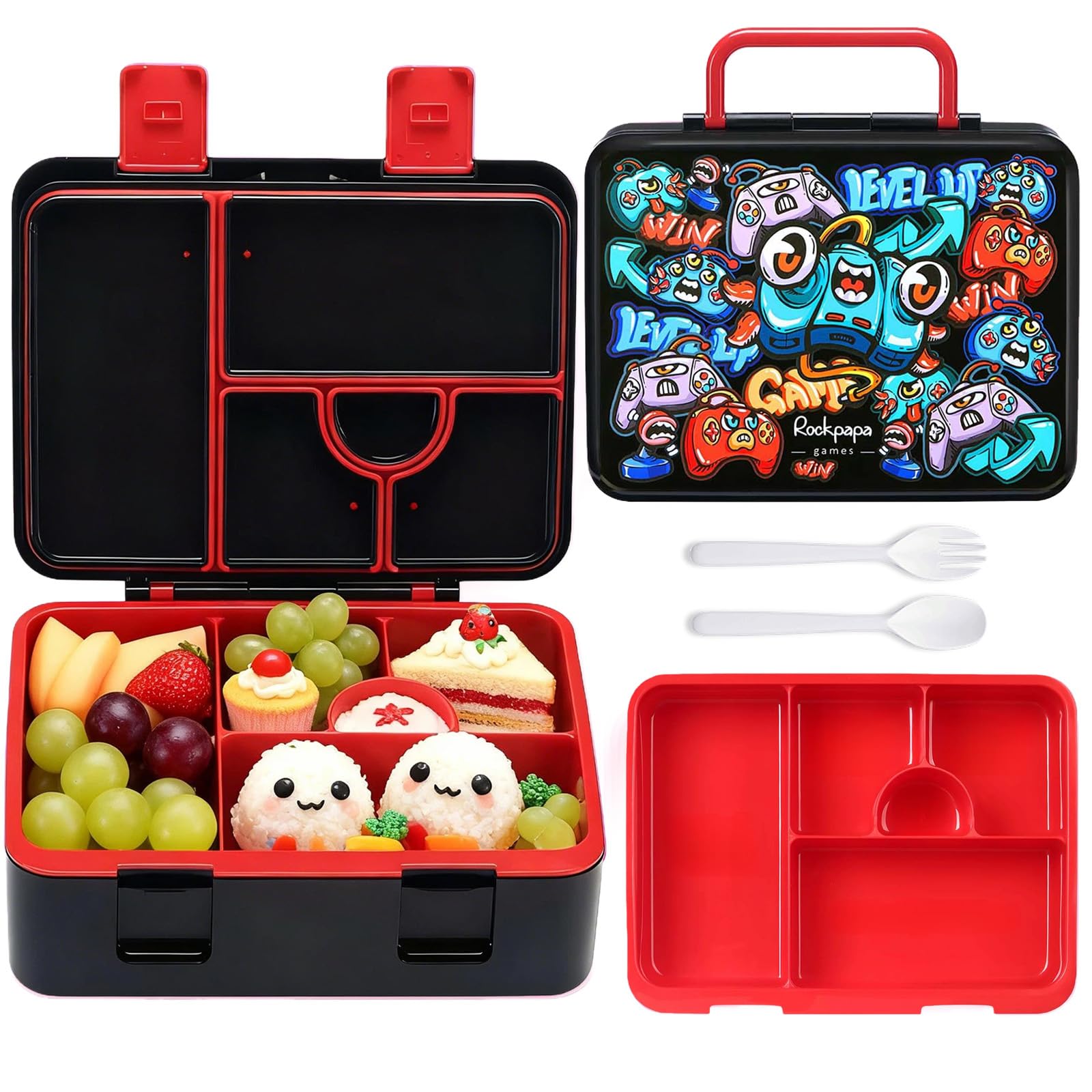 rockpapa 5.5 Cups Bento Lunch Box for Kids, 5-Compartment, Games