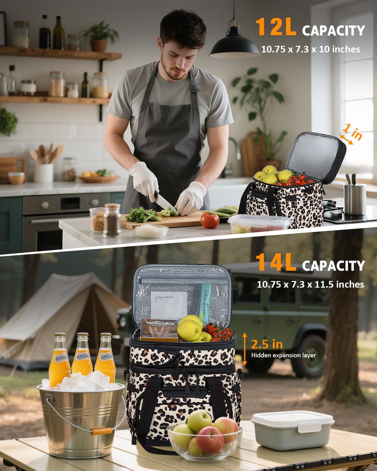 Large Lunch Box for Men/Women Dual-Compartment Insulated Lunch Bag,Adults Expandable Leakproof Cooler Bag Lunch Tote with Adjustable Shoulder Strap for Work Camping Picnic,Leopard 24-Can(14L)