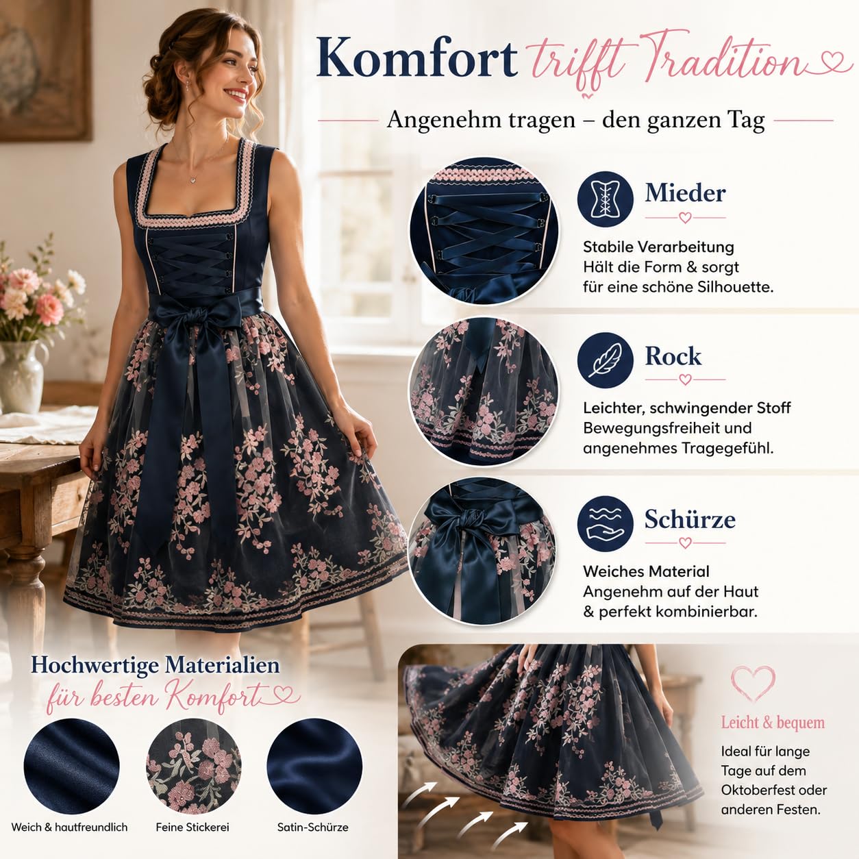 Dirnd l Complete Sets Midi Dirndl Dress Costume Dress Including Costume Skirt and Dirndl Apron, 2-Piece Dirndl Women's Outfit, Costumes Fashion Dress, Oktoberfest Clothing for Folk Festival
