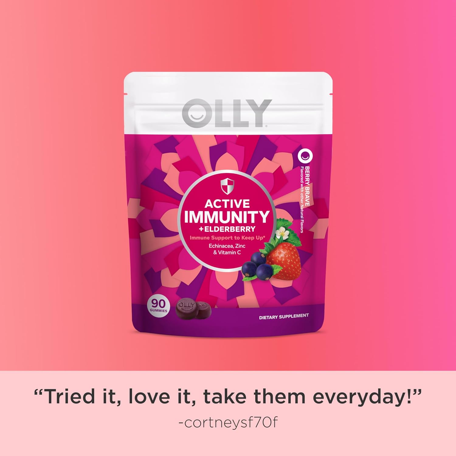 OLLY Immunity Gummy, Immune Support, Elderberry, Zinc, Vitamin C, Supplement, Berry - 90 Count