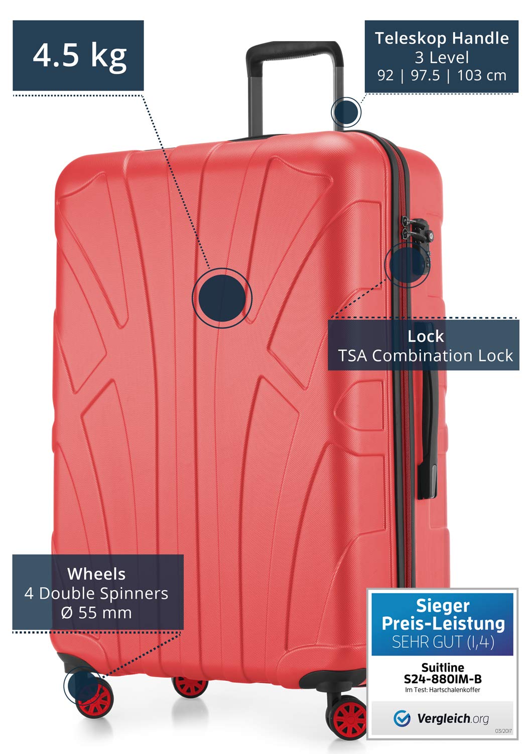 Suitline - Valigia Trolley espandible rigido grande ABS TSA 4 ruote, 76 cm, 110 litres, Corallo