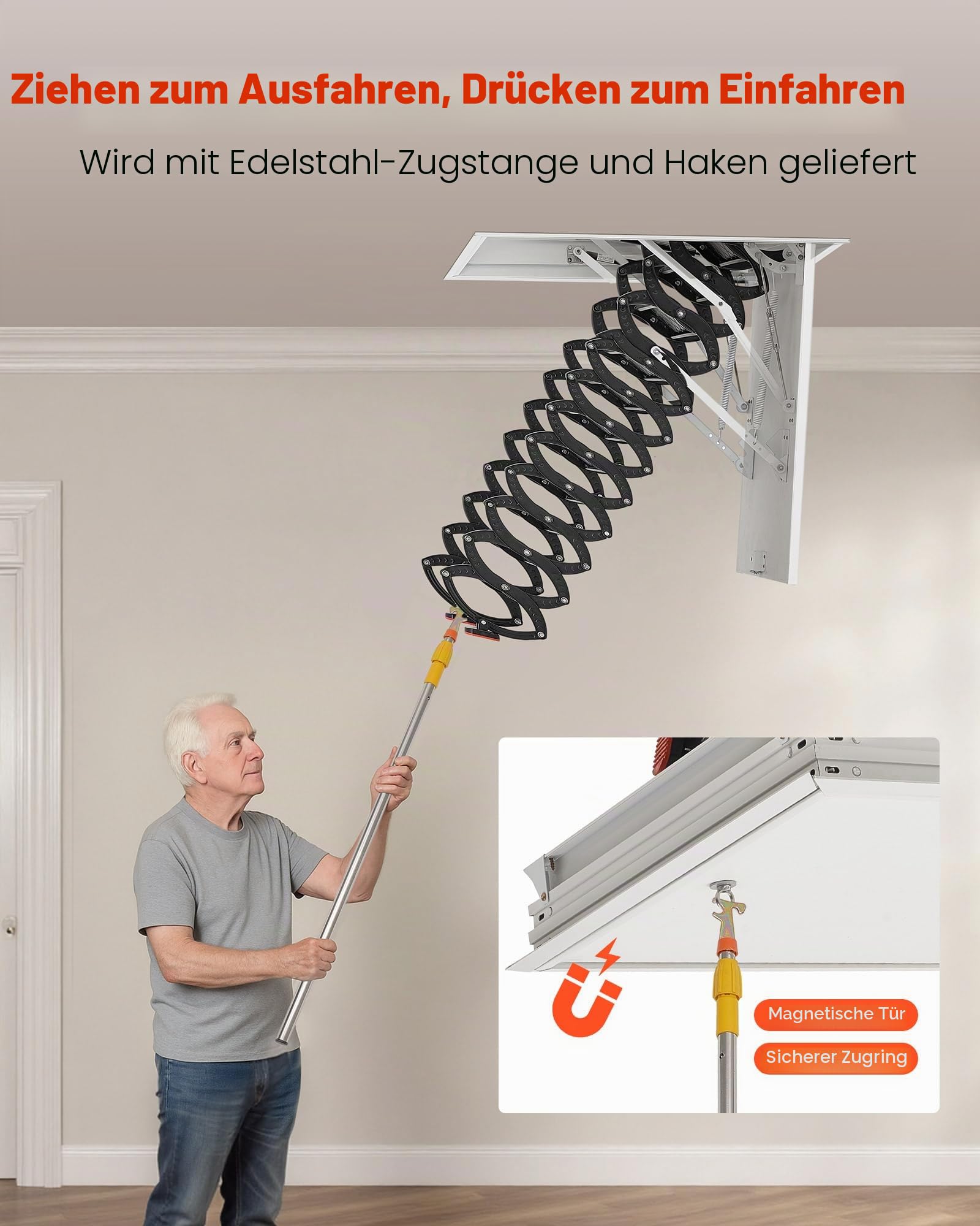 VEVOR Dachbodenleiter, Tragkraft 299,4 kg, passend für Deckenhöhen von 3,2-3,35 m und Öffnungsgröße von 1000,76x698,5 mm, ausziehbare Deckentreppe aus legiertem Stahl mit Zugstange für Dachboden