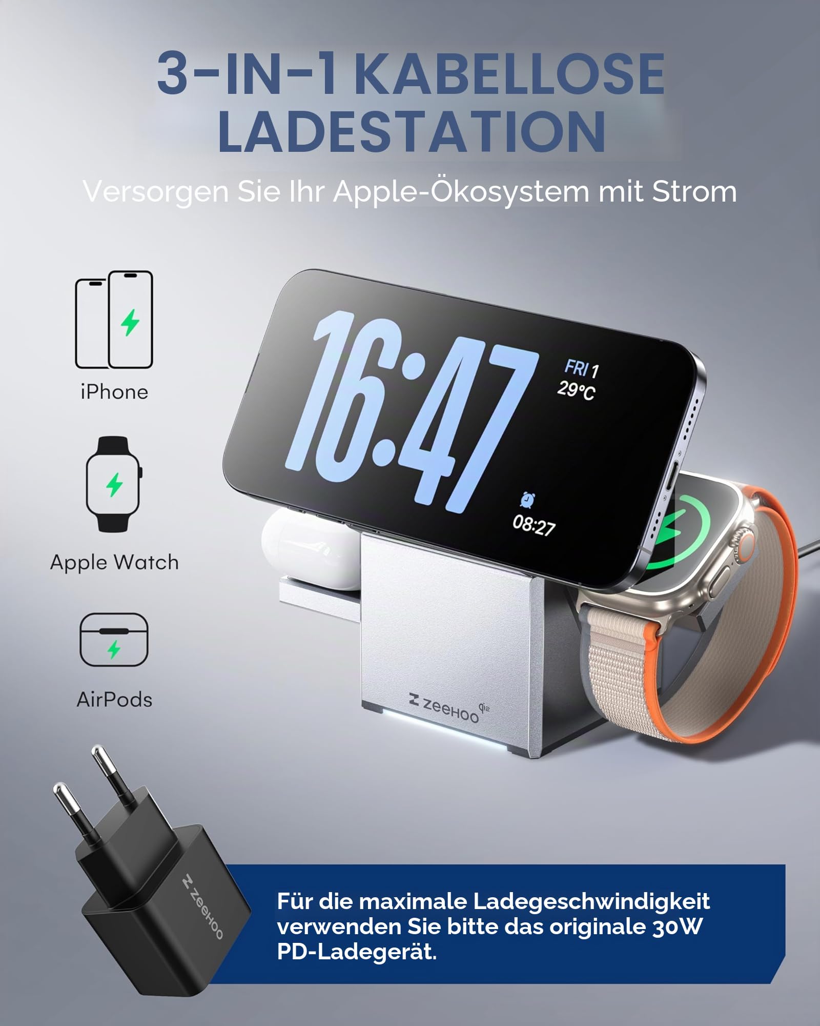 ZEEHOO 3 in 1 Ladestation for Apple Magsafe Ladegerät, CubeTrick-X 15W Wireless Charger für iPhone 16 15, 14, 13, 12 Serie,für Apple Watch und AirPods (30W USB-C Ladegerät enthalten)