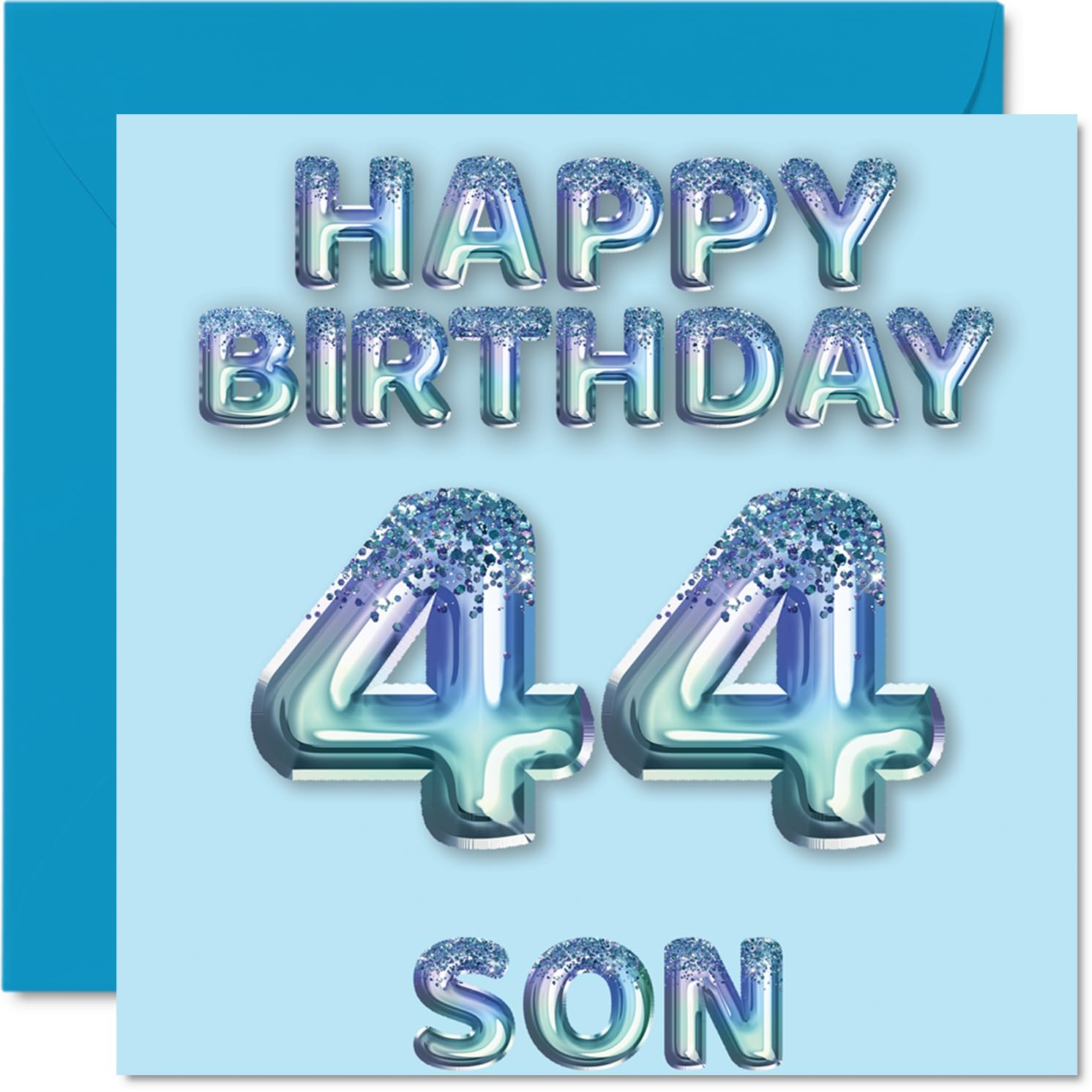 44th Birthday Card for Son, Blue Glitter Party Balloons