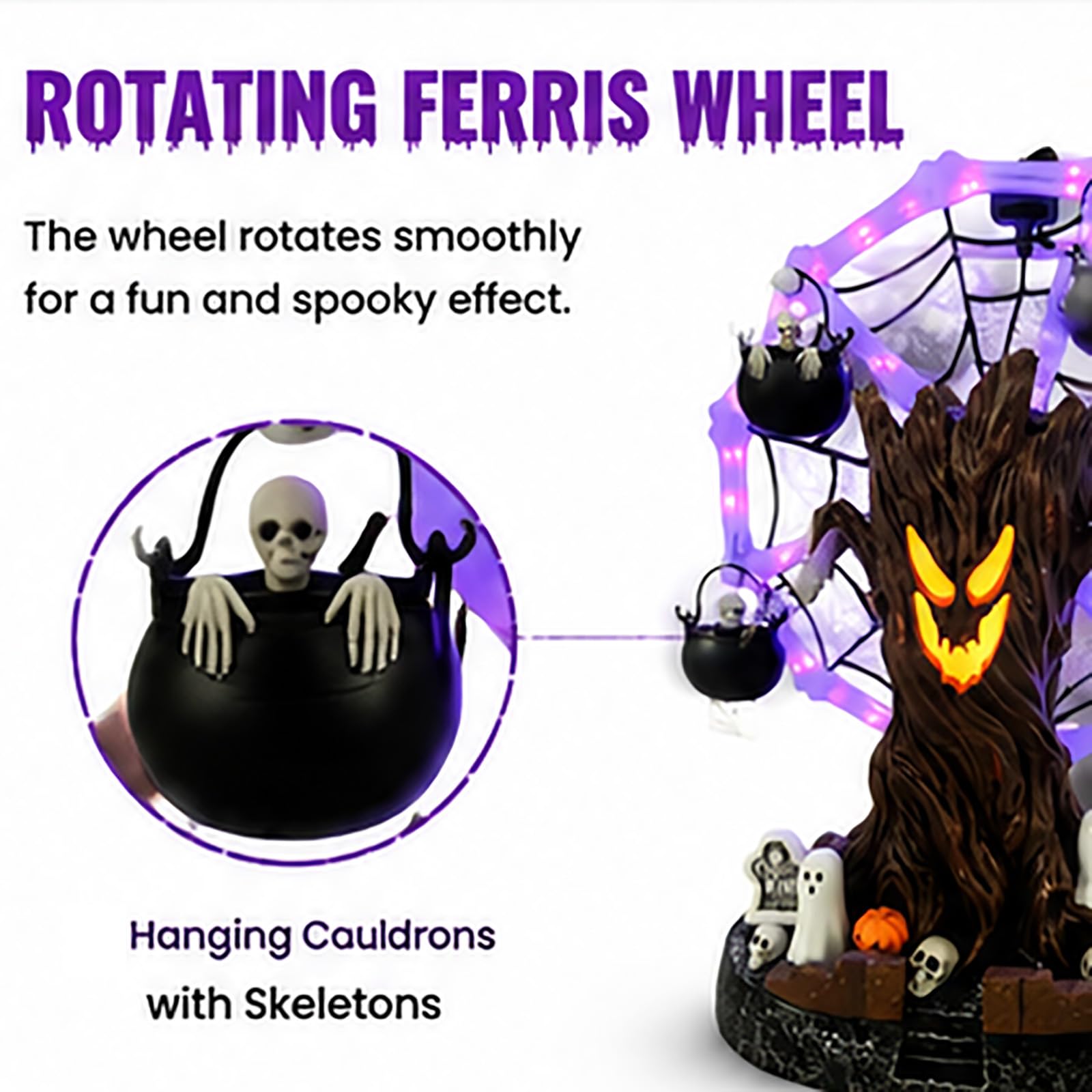 Genérico Decoración de Mesa giratoria de Halloween: Noria con árbol fantasmagórico, Figura con luz LED de Esqueleto y telaraña, árbol Fantasma Luminoso con Efectos de Sonido; luz Nocturna (2pcs)