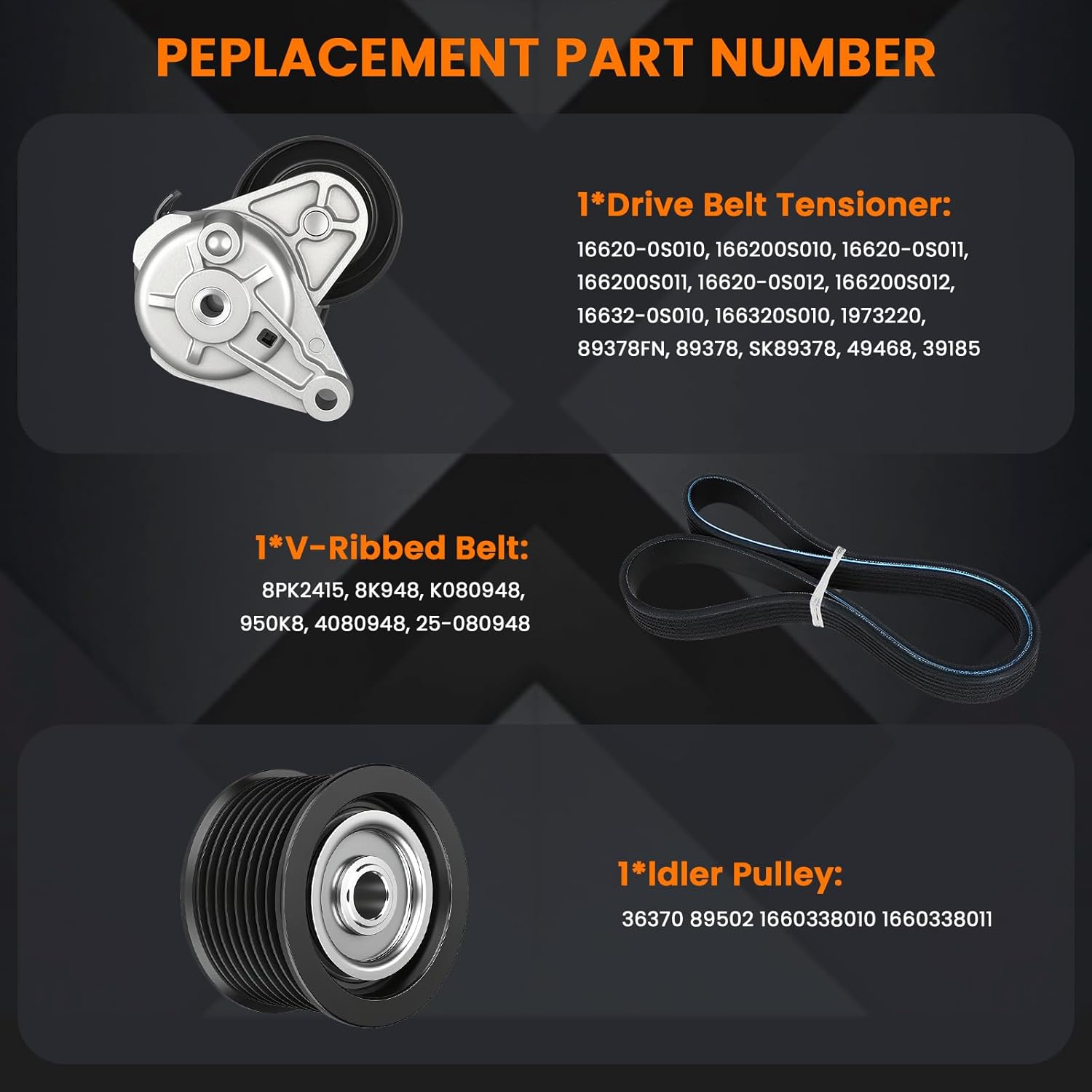 Serpentine Belt Tensioner Idler Pulley Drive Component Kit 90K-39185, Compatible with Lexus GX460/LX570 2008-2018, Toyota Land Cruiser/Sequoia/Tundra 2008-2018 4.6L 5.7L