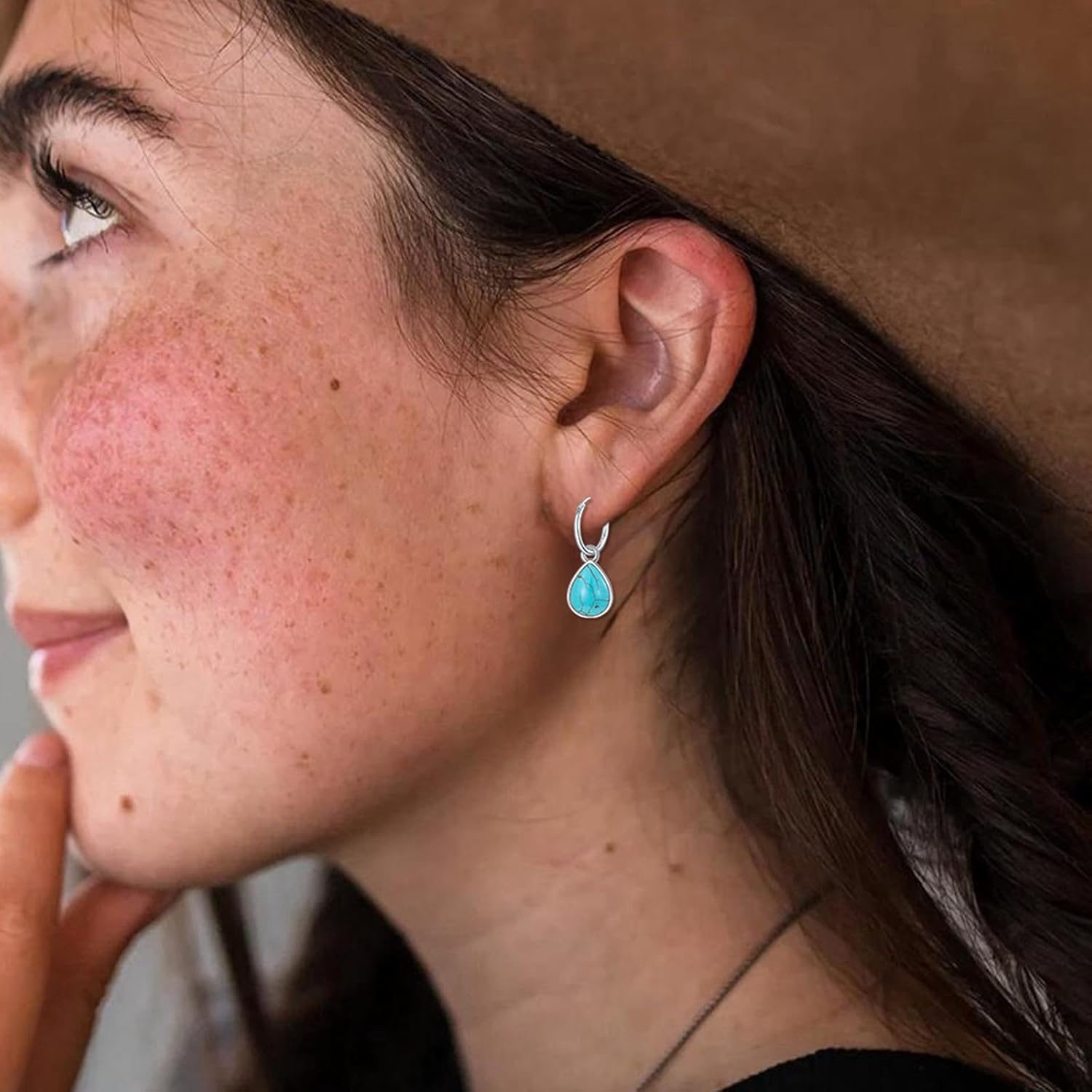 Genuine Teardrop Turquoise Dangle Earrings for Women, Sterling Silver Native American Western Hinged Hoop Earrings Birthday Gift - Image 3