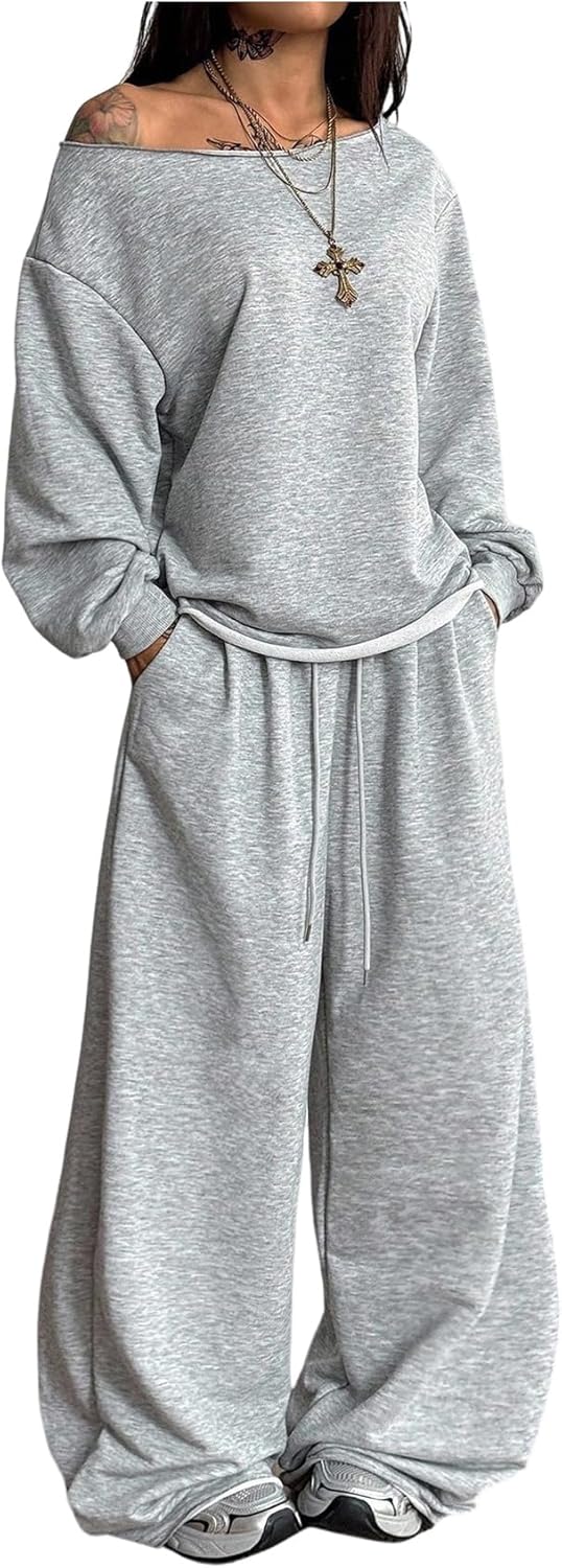SOLY HUX Women's Sweatsuits 2 Piece Outfits Off the Shoulder Long Sleeve Sweatshirt and Baggy Sweatpants Matching Set