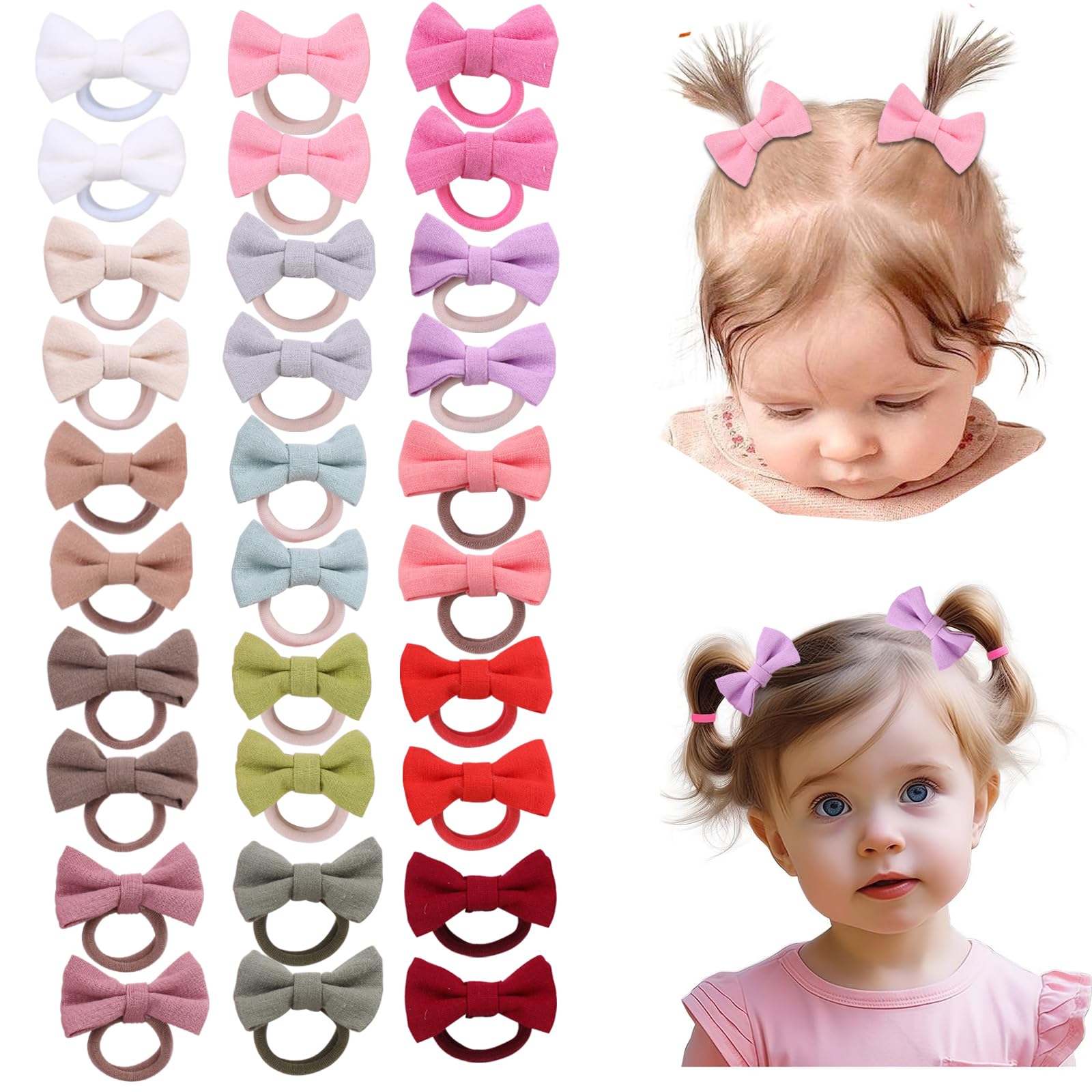 30PCS 2 Inch Baby Girls Hair Ties with Linen Bows,Soft Elastics Ponytail Holders Hair Accessories for Infants Toddlers Baby Girls (Dark color)