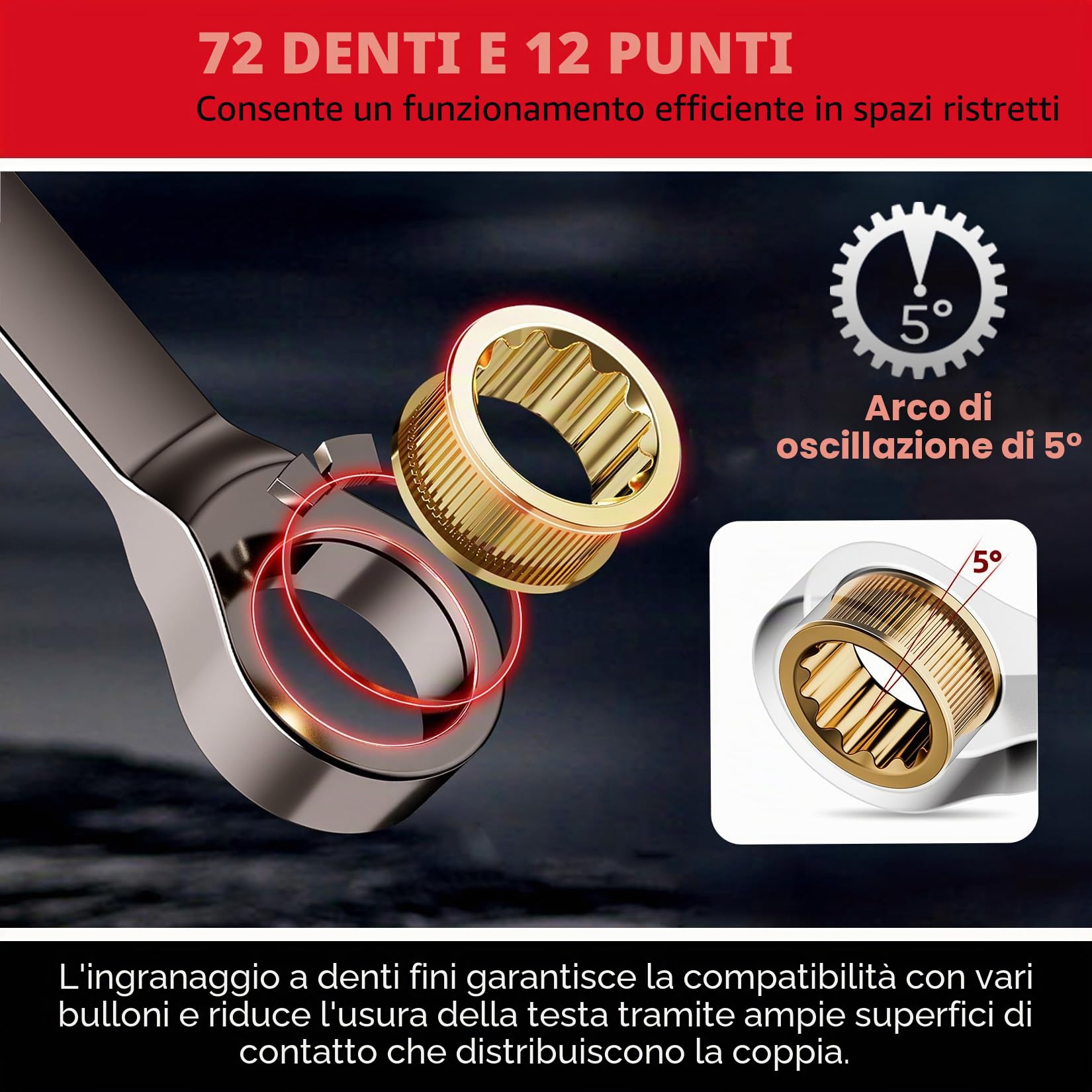 Shall Set di chiavi a cricchetto da 9 pezzi da 8-19 mm (8, 10, 11, 12, 13, 14, 15, 17, 19 mm), chiavi combinate a 72 denti, acciaio al cromo vanadio con finitura antiruggine e custodia per