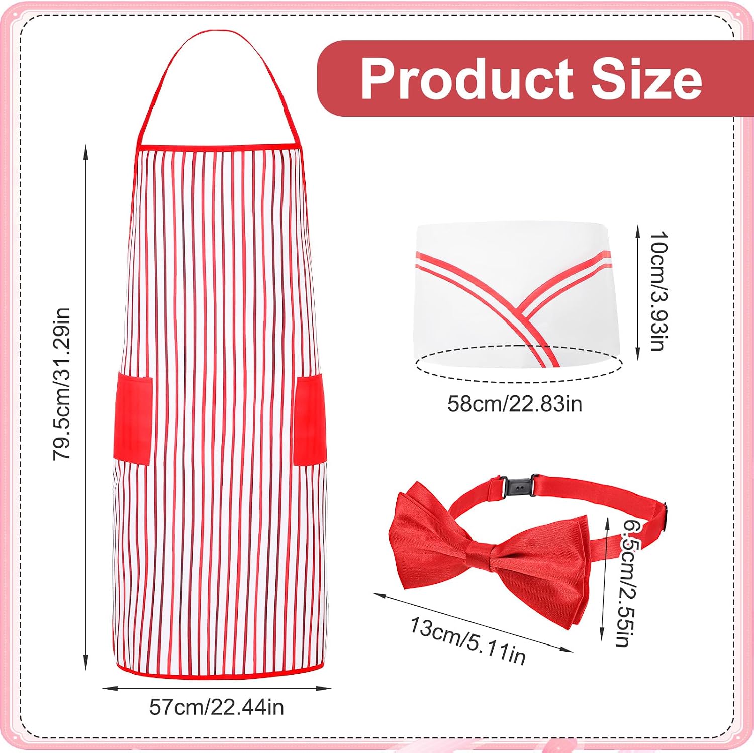 12 Pcs 1950s Adult Waiter Costume Kit, Red & White Striped Apron 2 Pocket, Chef Hat, Bow Tie, Unisex Adults, Chef Theme, Halloween, Carnival, Cosplay Costume Circus Party (Adult Size)