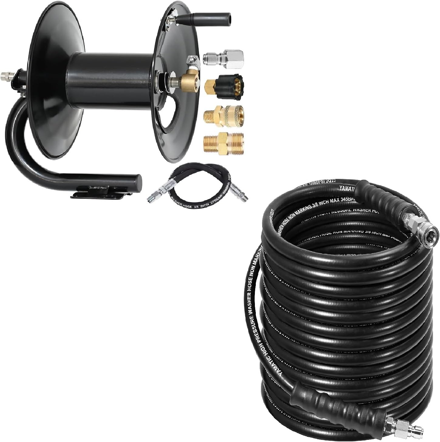 YAMATIC 3/8" Pressure Washer Hose 100FT with Stainless Steel Quick Connector, 5000PSI Rubber Power Washer Replacement Hose & Pressure Washer Hose Reel 100 ft with Jumper Hose 3ft