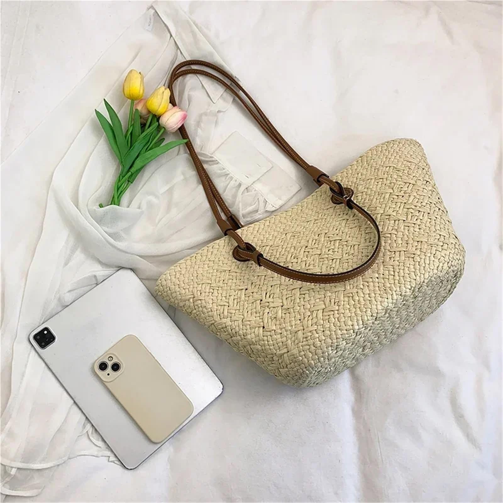 sac de plage tissé Sacs de panier tissés en osier d'été, sacs à main rotin for femmes, fourre-tout paille plage fait la, sac bandoulière kaki