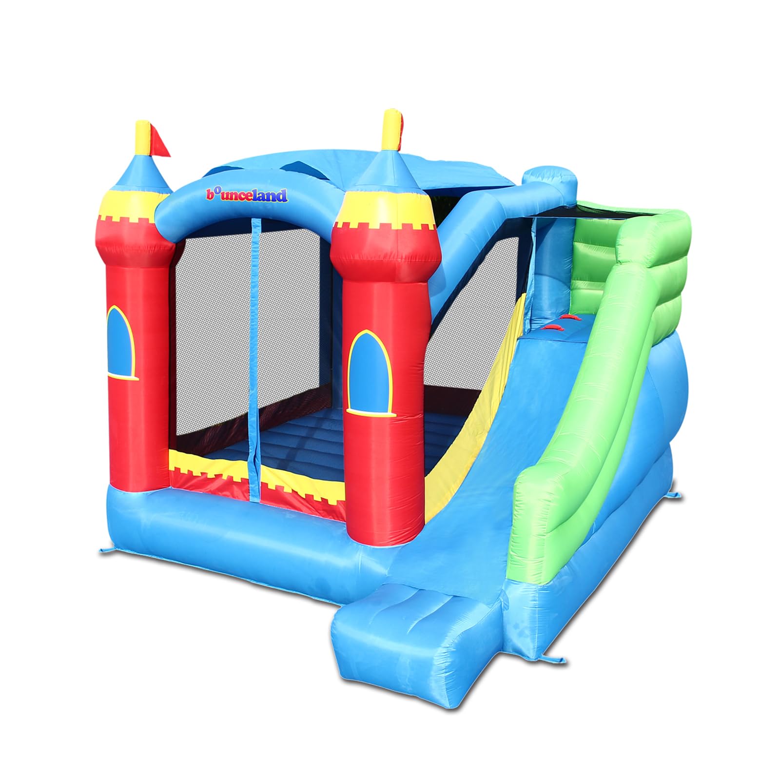 Bounceland Royal Palace Inflatable Bounce House, with Long Slide, Large Bouncing Area, Basketball Hoop and Sun Roof, 13 ft x 12 ft x 9 ft H, UL Strong Certified Blower, Castle Kids Party Theme